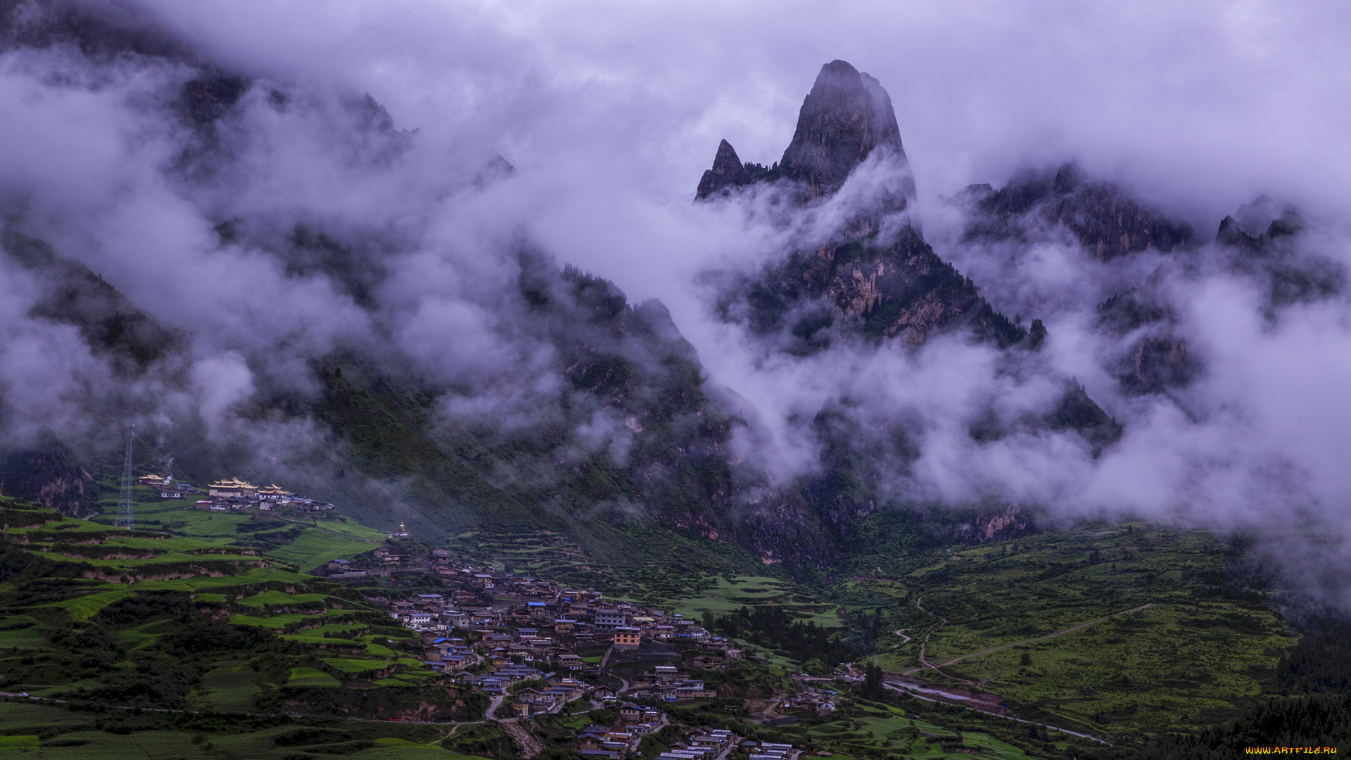 города, -, пейзажи, тибет, дома, облака, горы