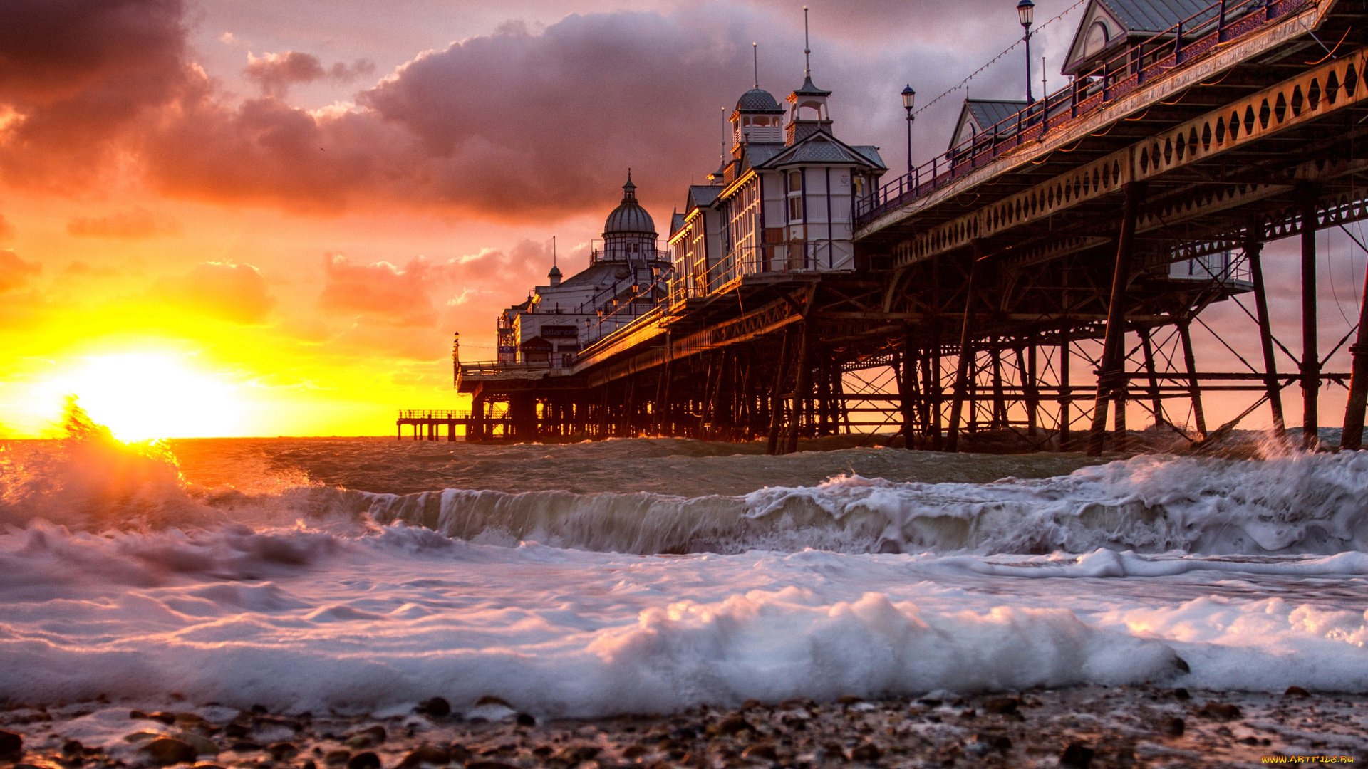 города, -, пейзажи, волны, пирс, пляж, рассвет, океан, здание