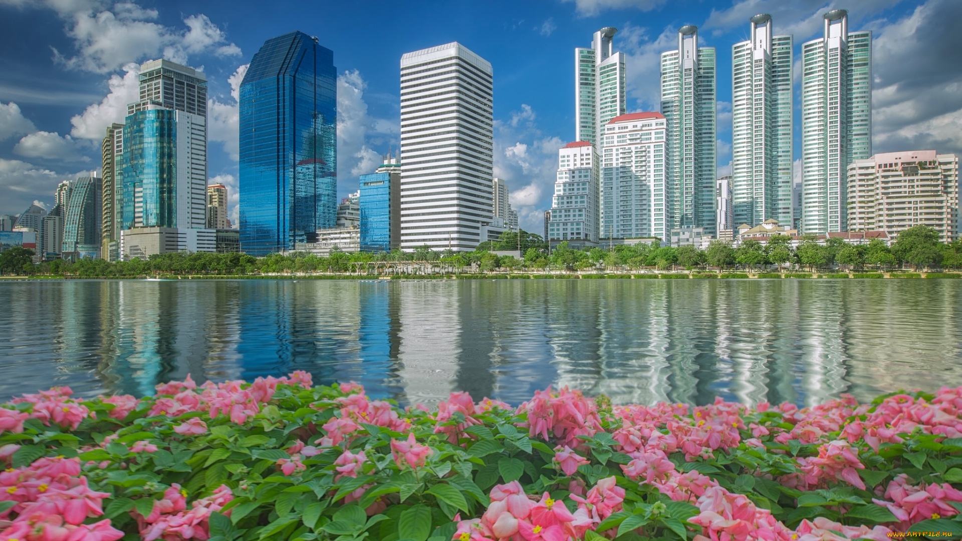 города, бангкок, , таиланд, bangkok, thailand, бангкок, вода, цветы, здания, небоскрёбы, набережная