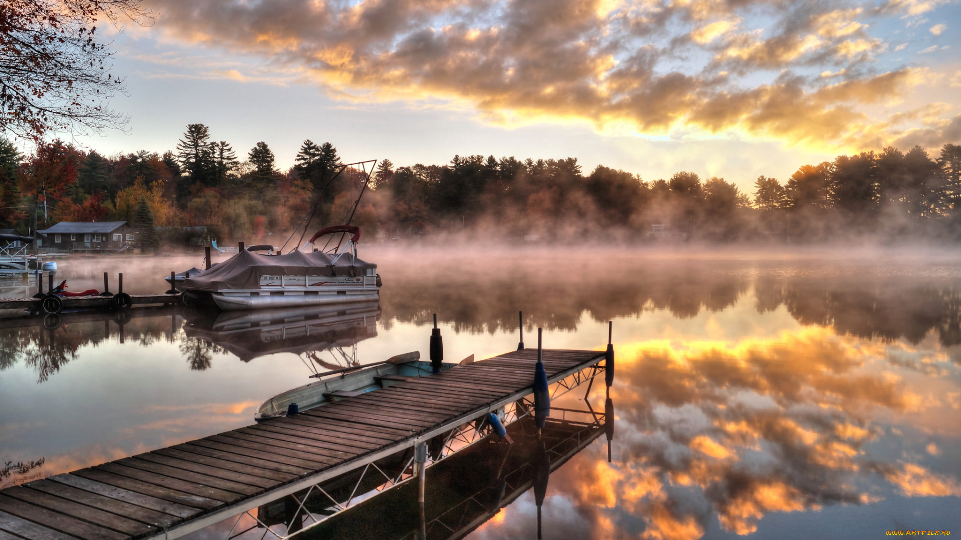 корабли, лодки, , шлюпки, лес, лодка, туман, мостик, река