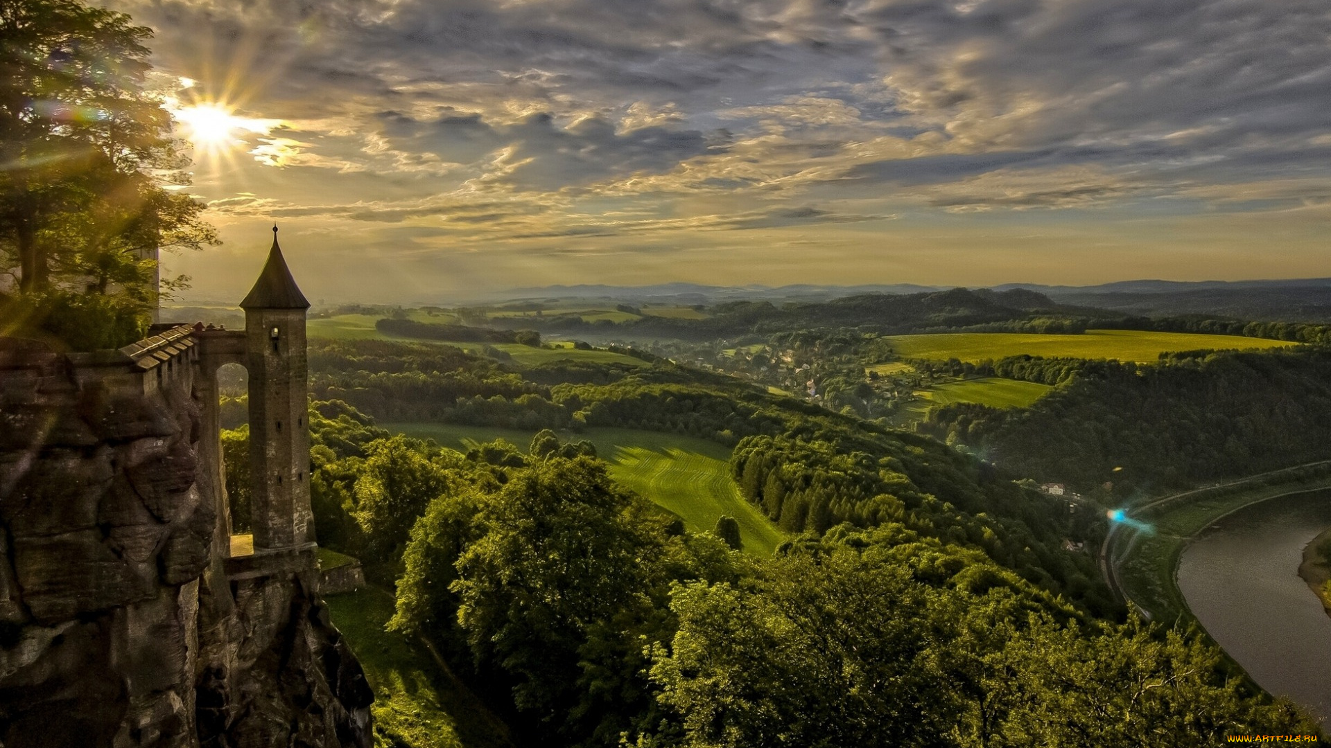 природа, восходы, закаты, кёнигштайн, elbe, river, панорама, река, закат, поля, крепость, германия, саксония, эльба