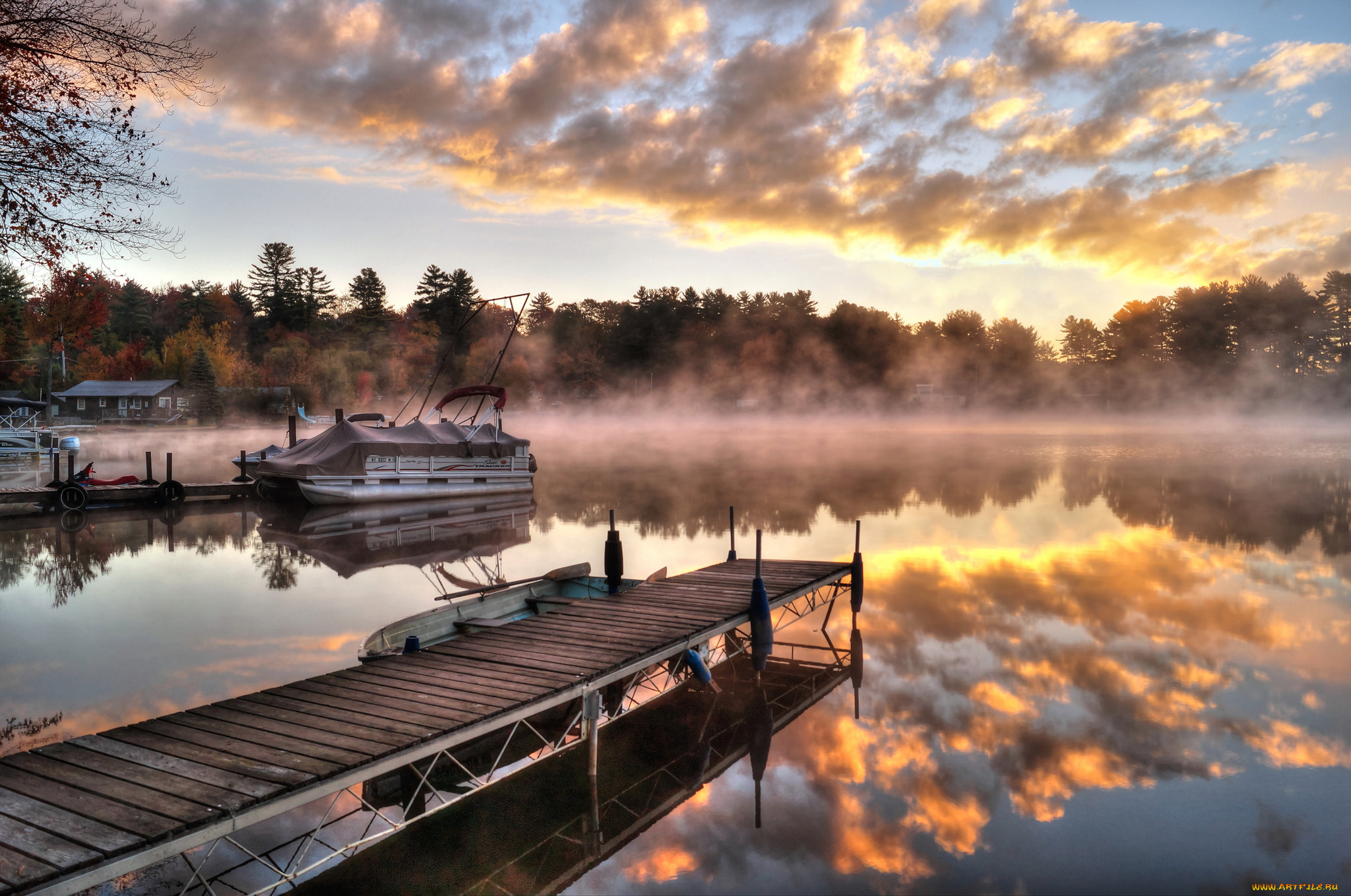корабли, лодки, , шлюпки, лес, лодка, туман, мостик, река