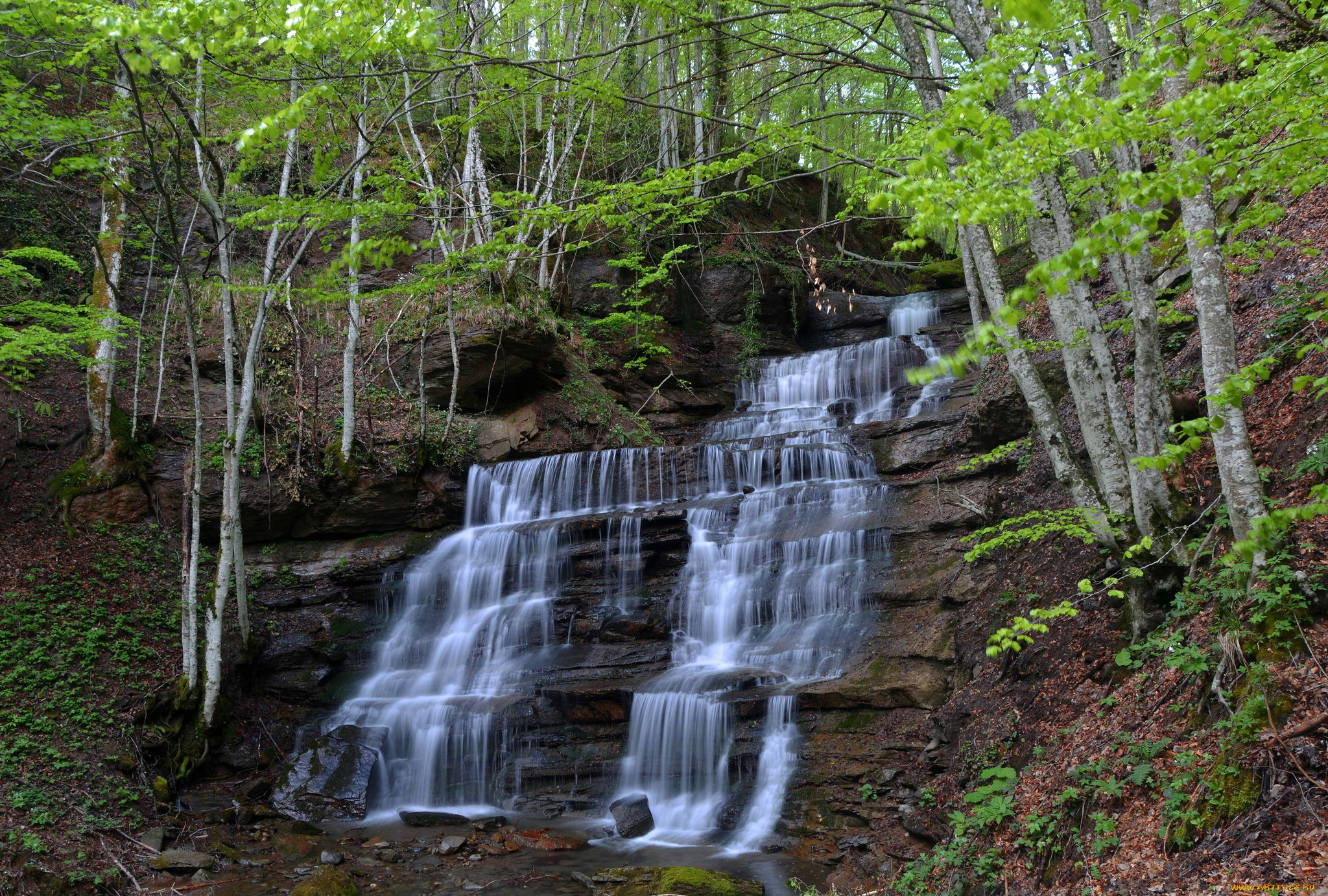 природа, водопады, река, лес, водопад