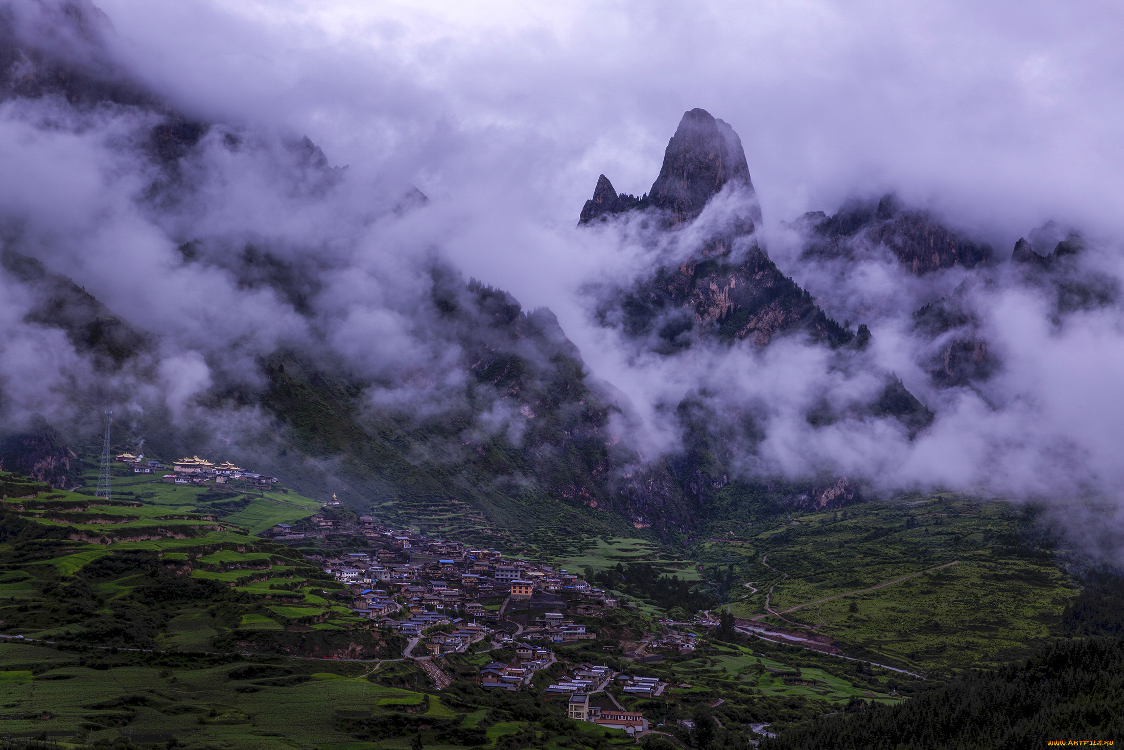 города, -, пейзажи, тибет, дома, облака, горы