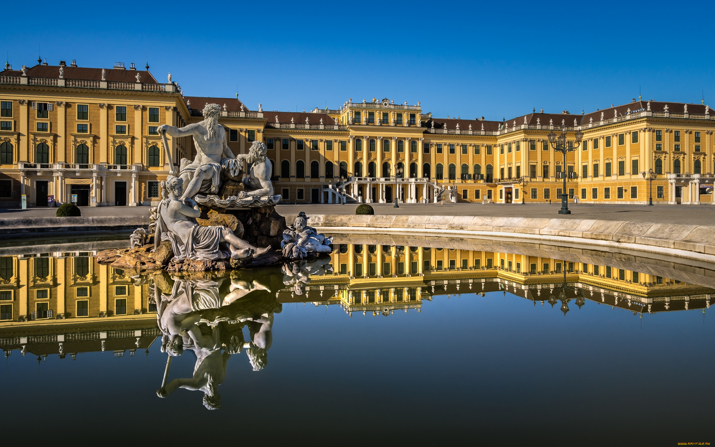 города, -, памятники, , скульптуры, , арт-объекты, schonbrunn, palace, vienna, austria, дворец, шёнбрунн, вена, австрия, фонтан, скульптура, вода, отражение