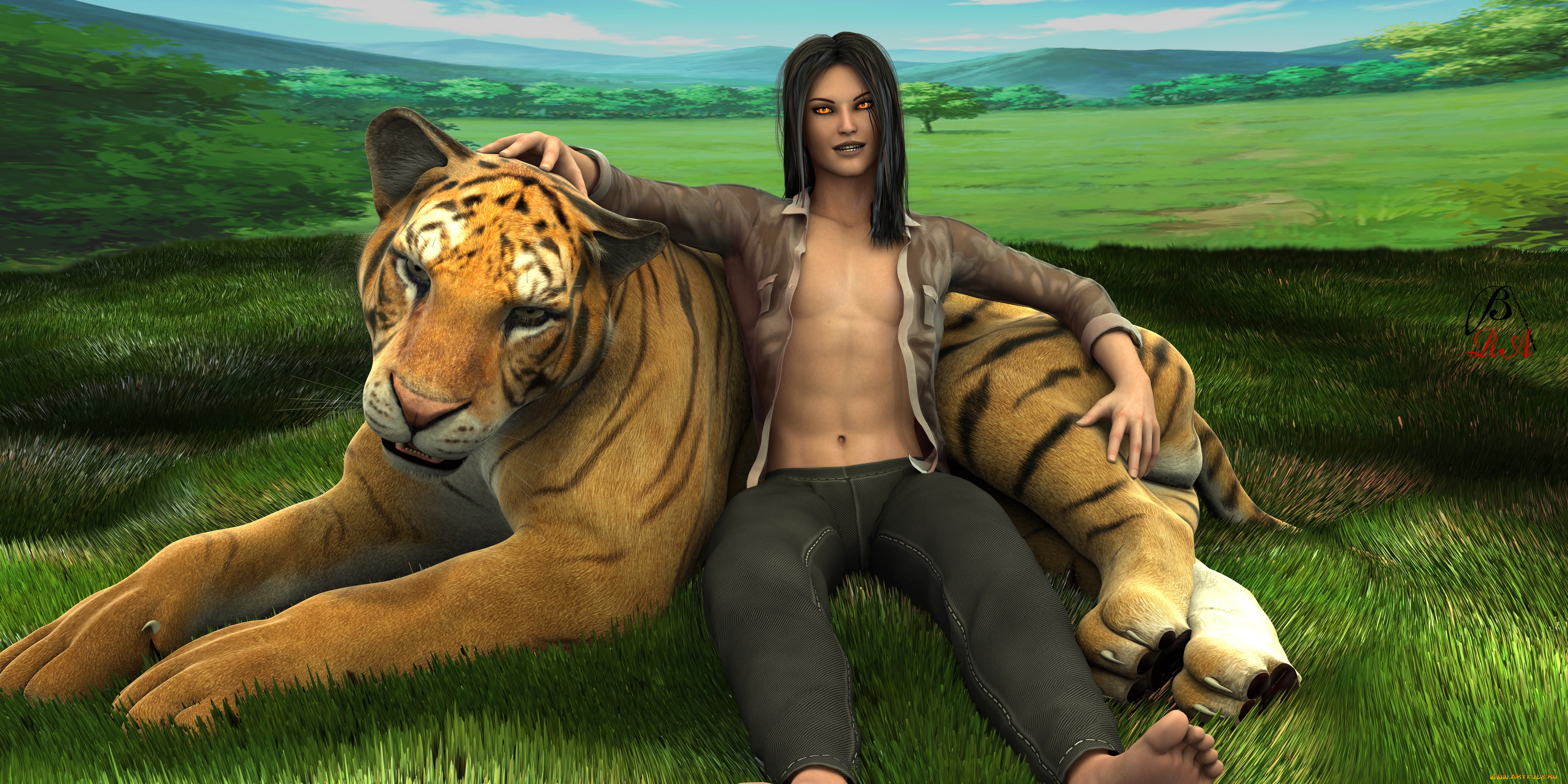 3д, графика, люди, , people, тигр, взгляд, фон, девушка