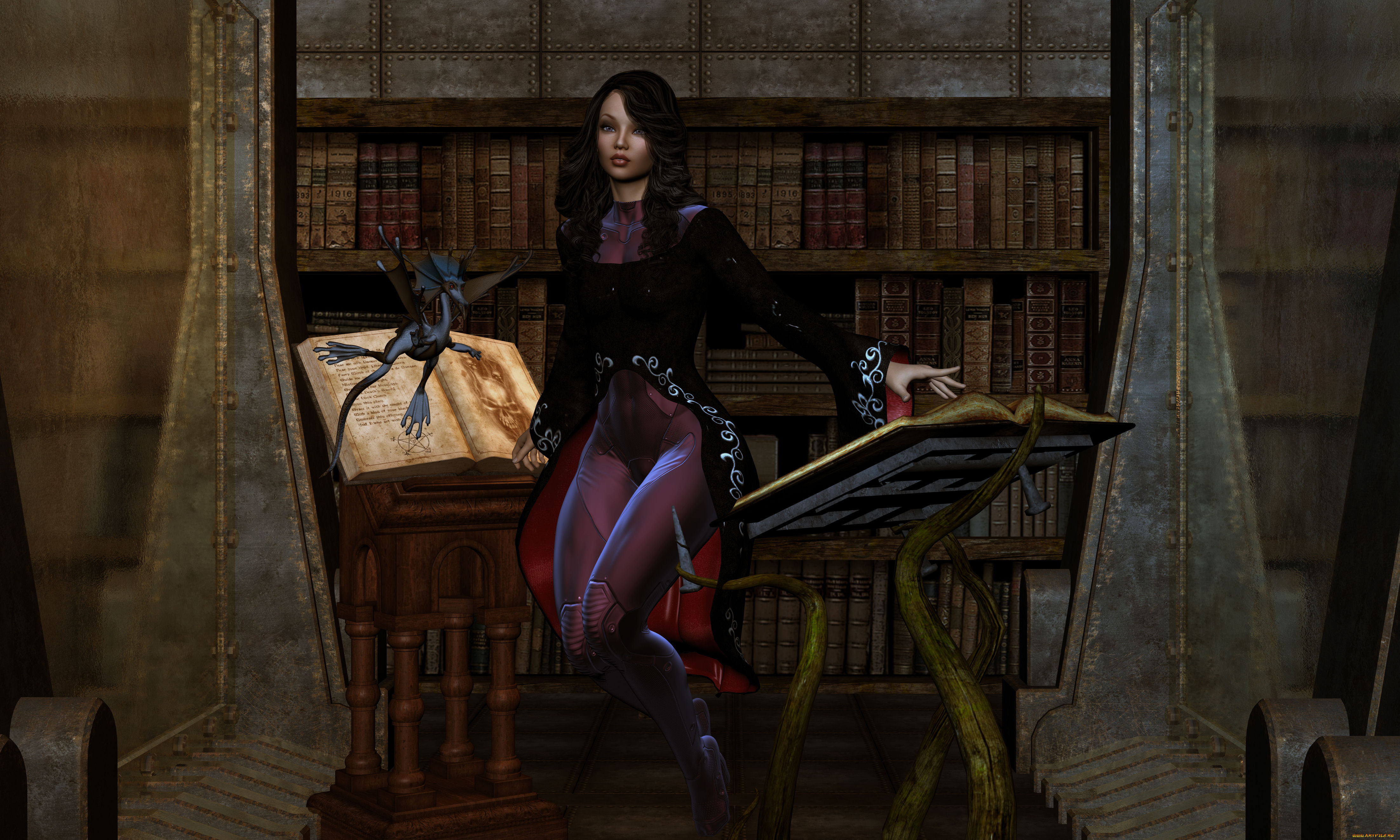 3д, графика, фантазия, , fantasy, девушка, взгляд, фон, дракон