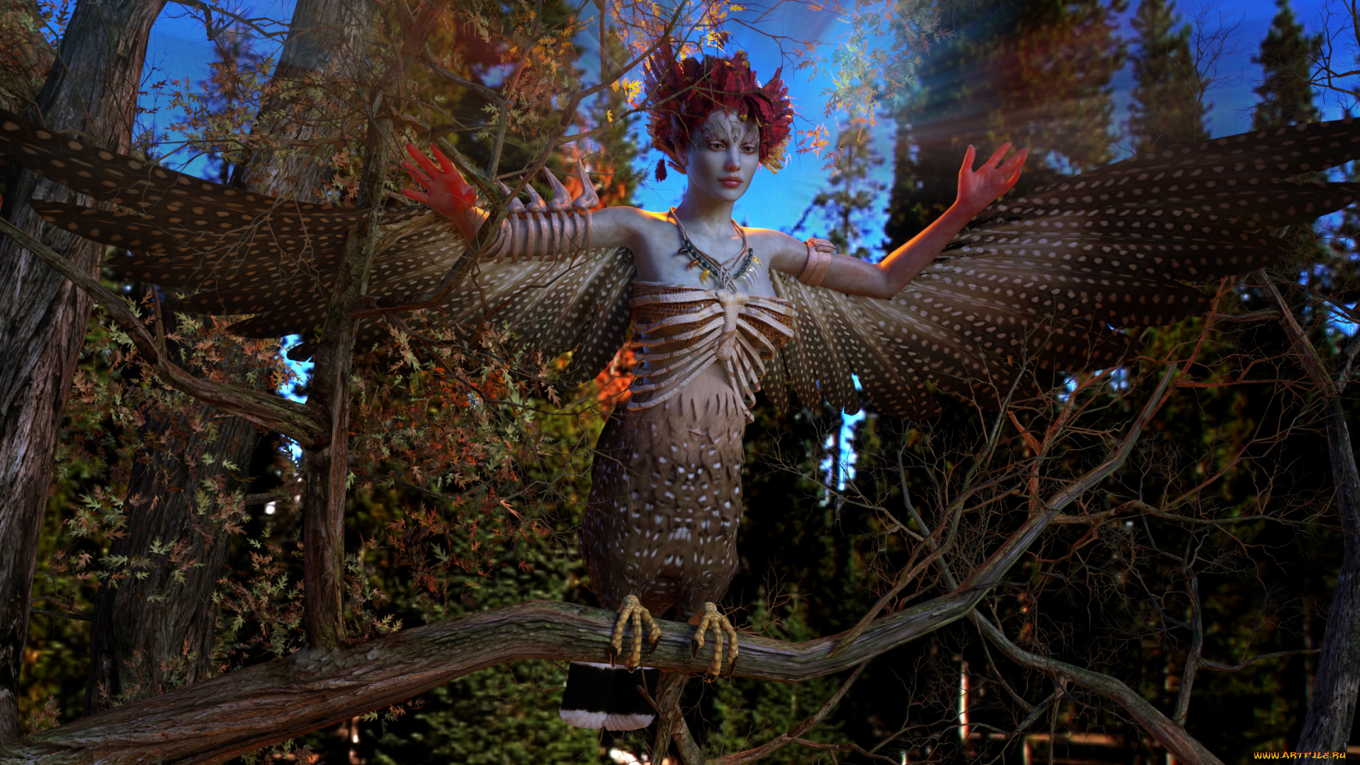 3д, графика, существа, , creatures, крылья, фон, ветки, девушка, взгляд