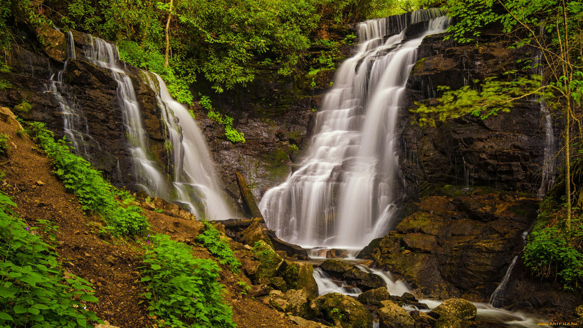 природа, водопады, водопад, река, лес