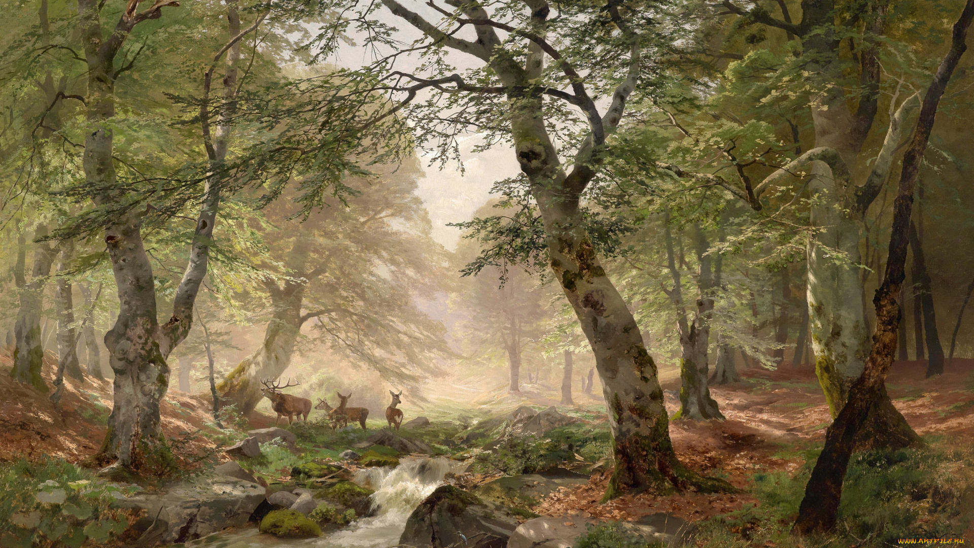 рисованное, живопись, рисунок, олени, ручей, лес, деревья, камни