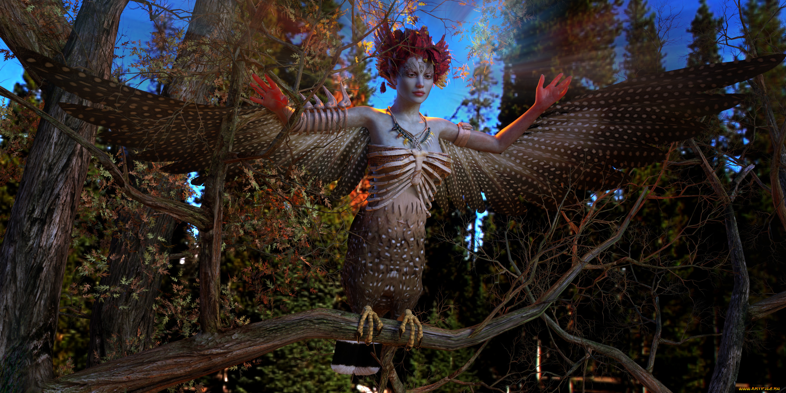 3д, графика, существа, , creatures, крылья, фон, ветки, девушка, взгляд