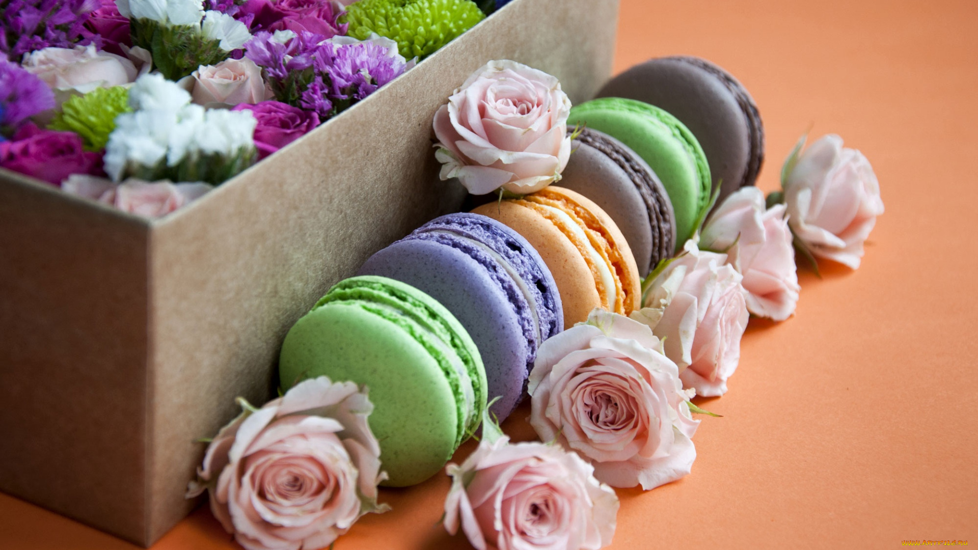 еда, макаруны, коробка, розы, пирожное