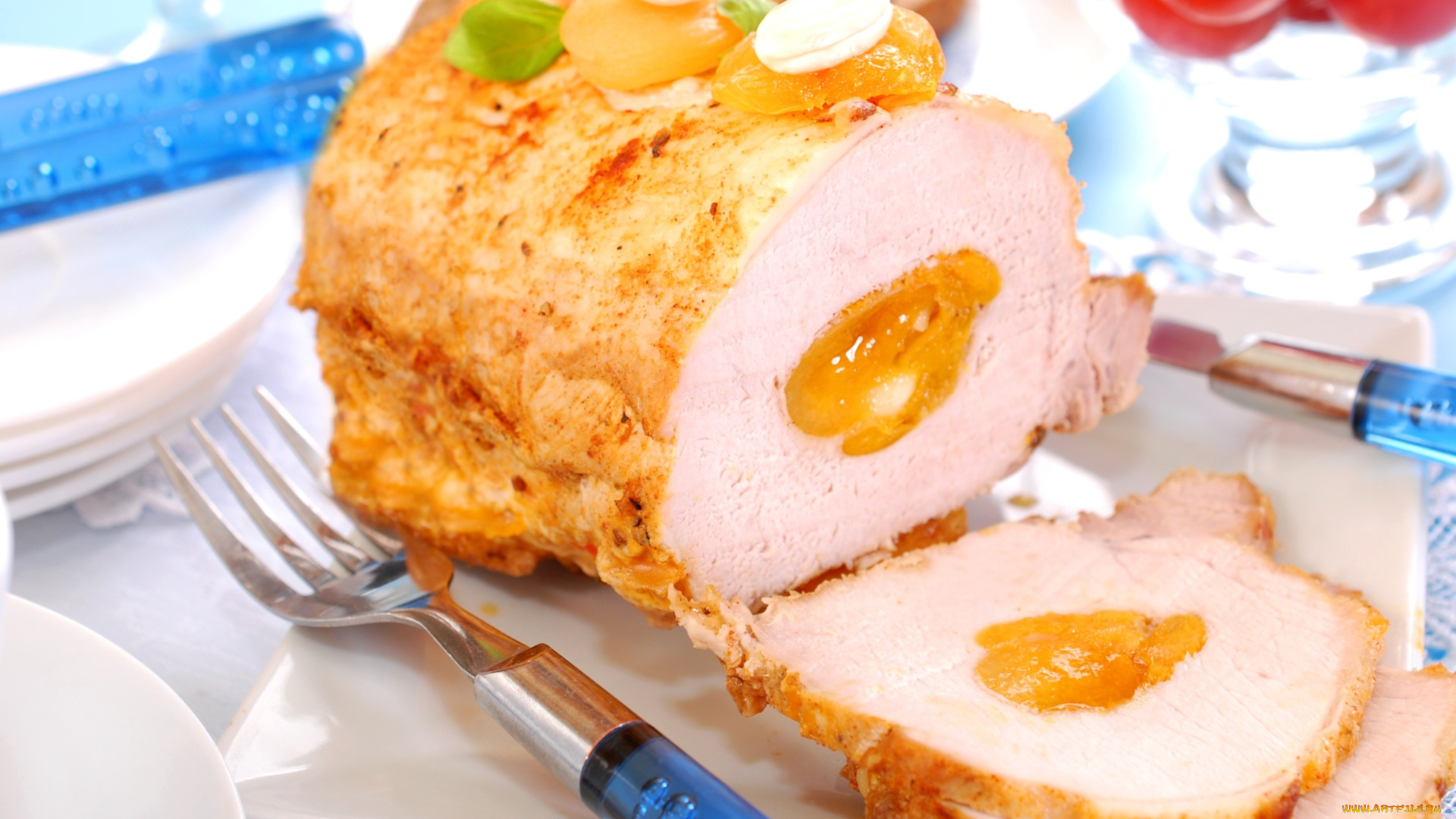 еда, мясные, блюда, куриный, рулет, курага, блюдо, мясо