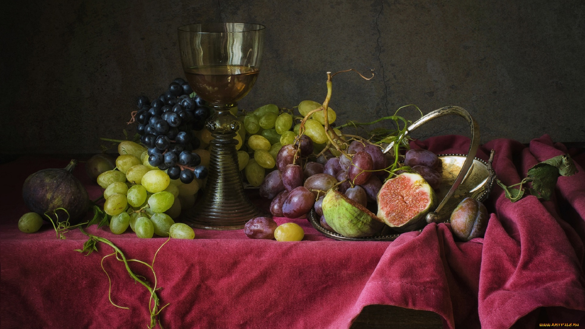 еда, натюрморт, бокал, фрукты, виноград, стекло