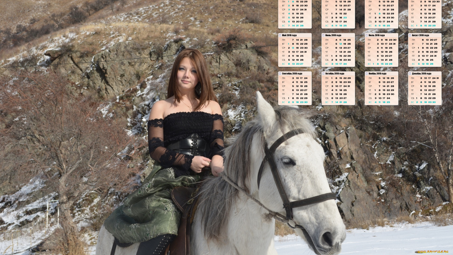 календари, девушки, снег, лошадь, гора, растения