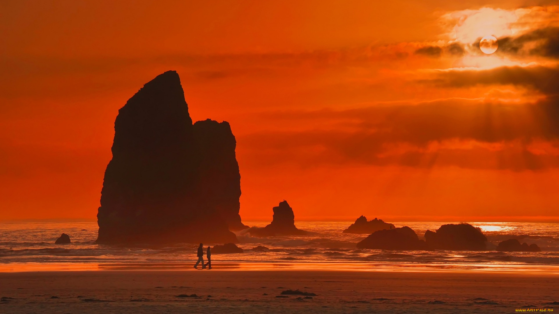 природа, восходы, закаты, пара, скалы, солнце, оранжевое, небо, пляж, волны