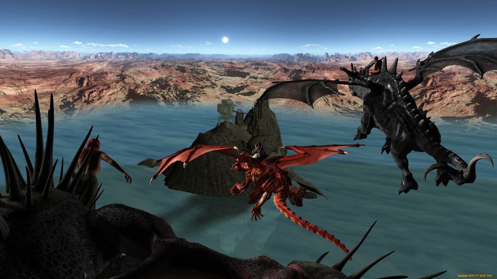 3д, графика, фантазия, , fantasy, фон, дракон, взгляд, девушка