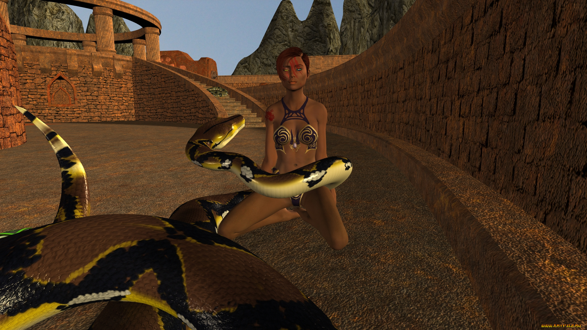 3д, графика, фантазия, , fantasy, фон, взгляд, девушка, змея