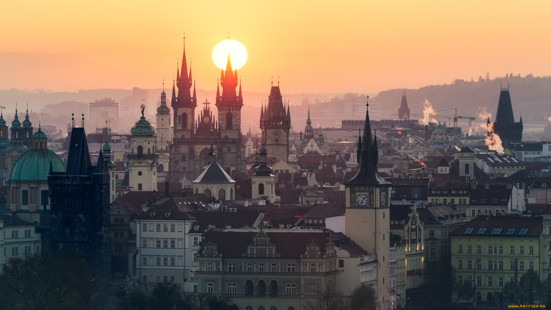 города, прага, , Чехия, панорама, солнце, дома, прага