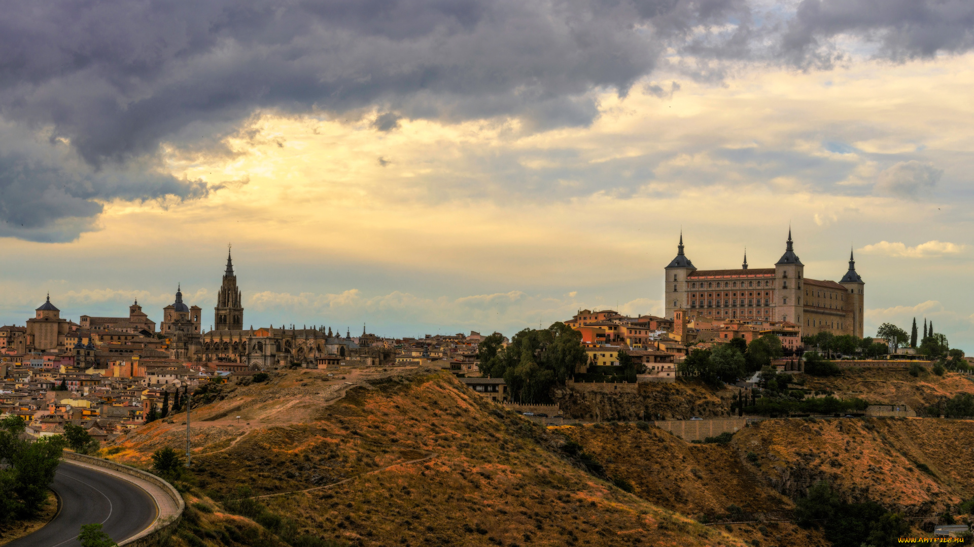 города, толедо, , испания, дома, пейзаж, деревья, облака, толедо, небо, дорога