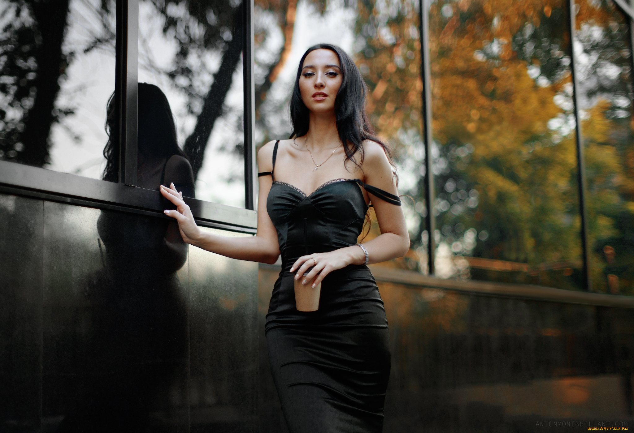 девушки, -unsort, , брюнетки, темноволосые, темные, волосы, wallhaven, женщины, на, открытом, воздухе, платье, стекло, отражение, ожерелье, декольте, кофе, глядя, зрителя, голые, плечи