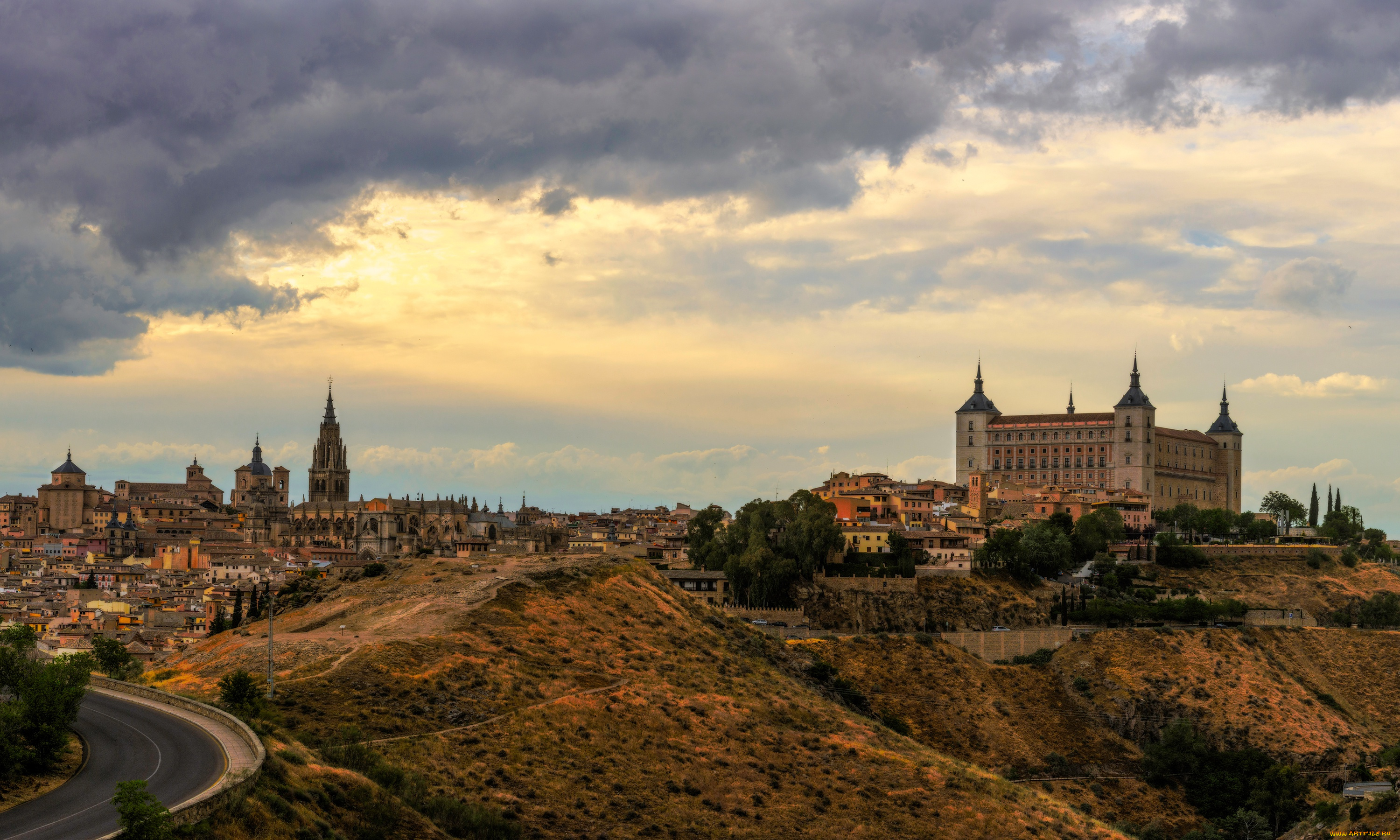 города, толедо, , испания, дома, пейзаж, деревья, облака, толедо, небо, дорога