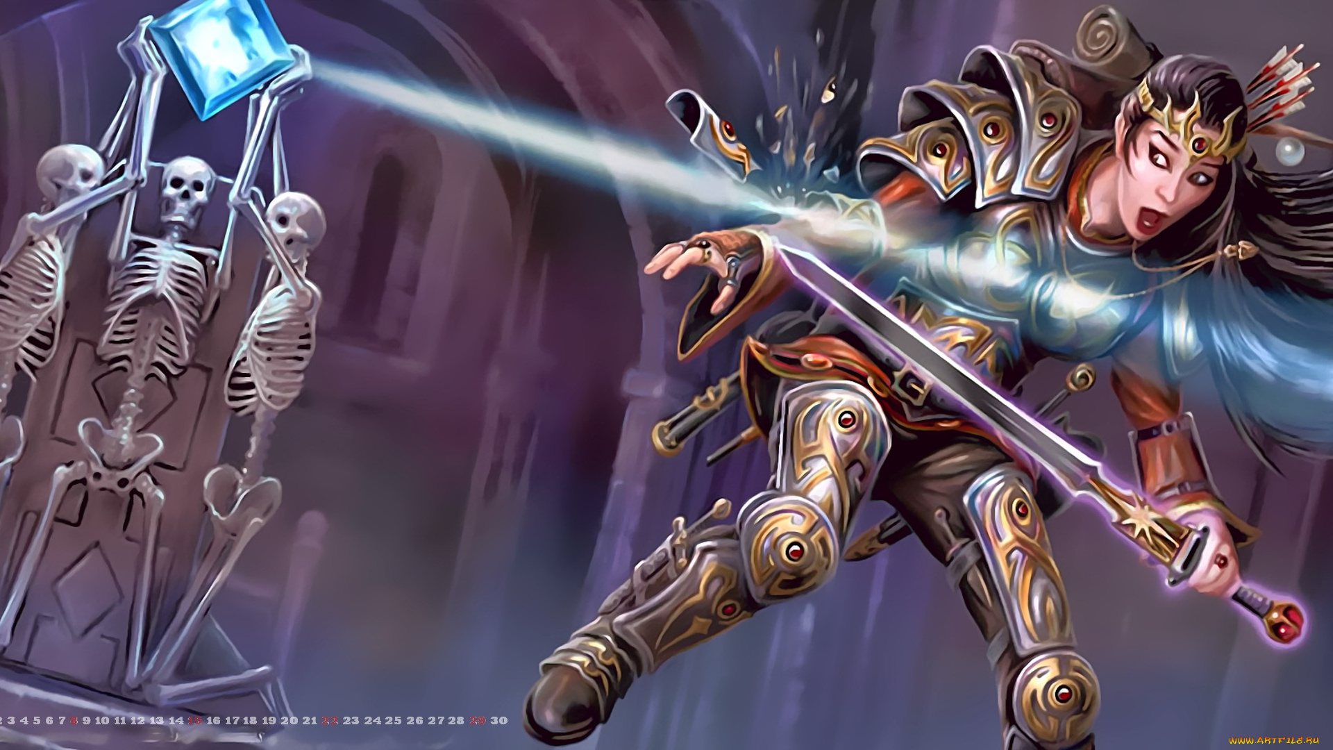 календари, фэнтези, девушка, оружие, calendar, 2019, камень, скелет