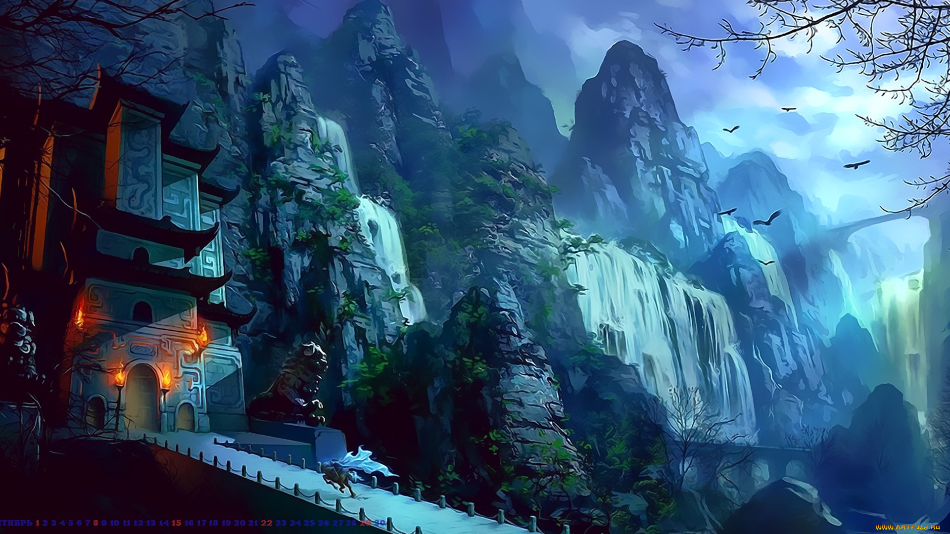 календари, фэнтези, конь, всадник, водопад, лошадь, мост, дворец, calendar, 2019, гора