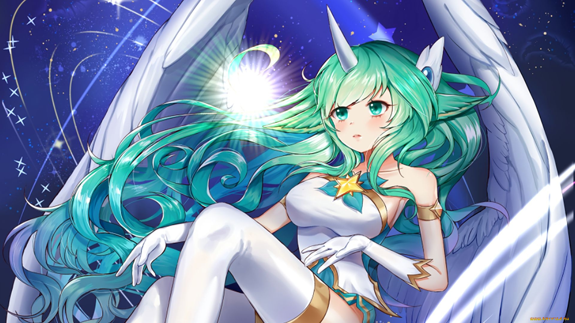 видео, игры, league, of, legends, крылья, рог, девушка, звезды, сорака