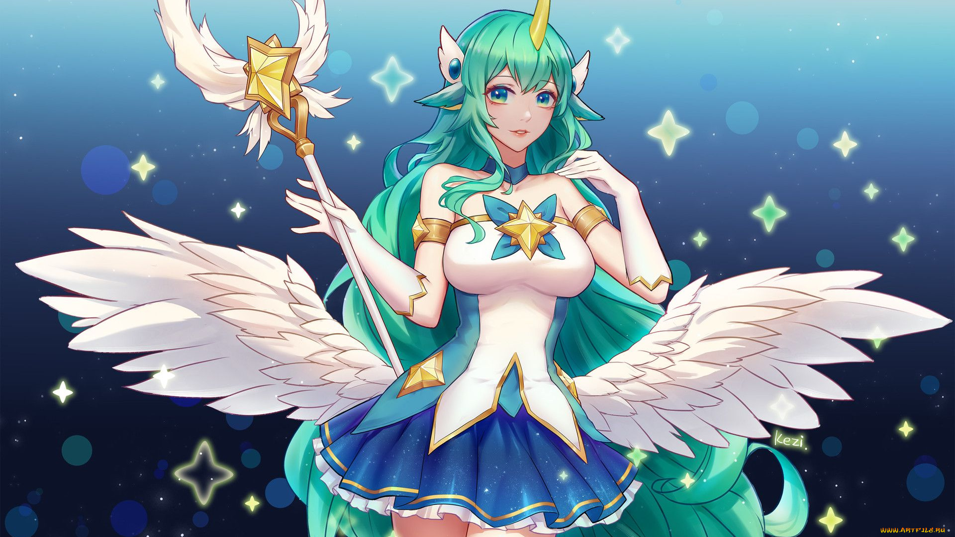 видео, игры, league, of, legends, сорака, девушка, посох, рог, крылья