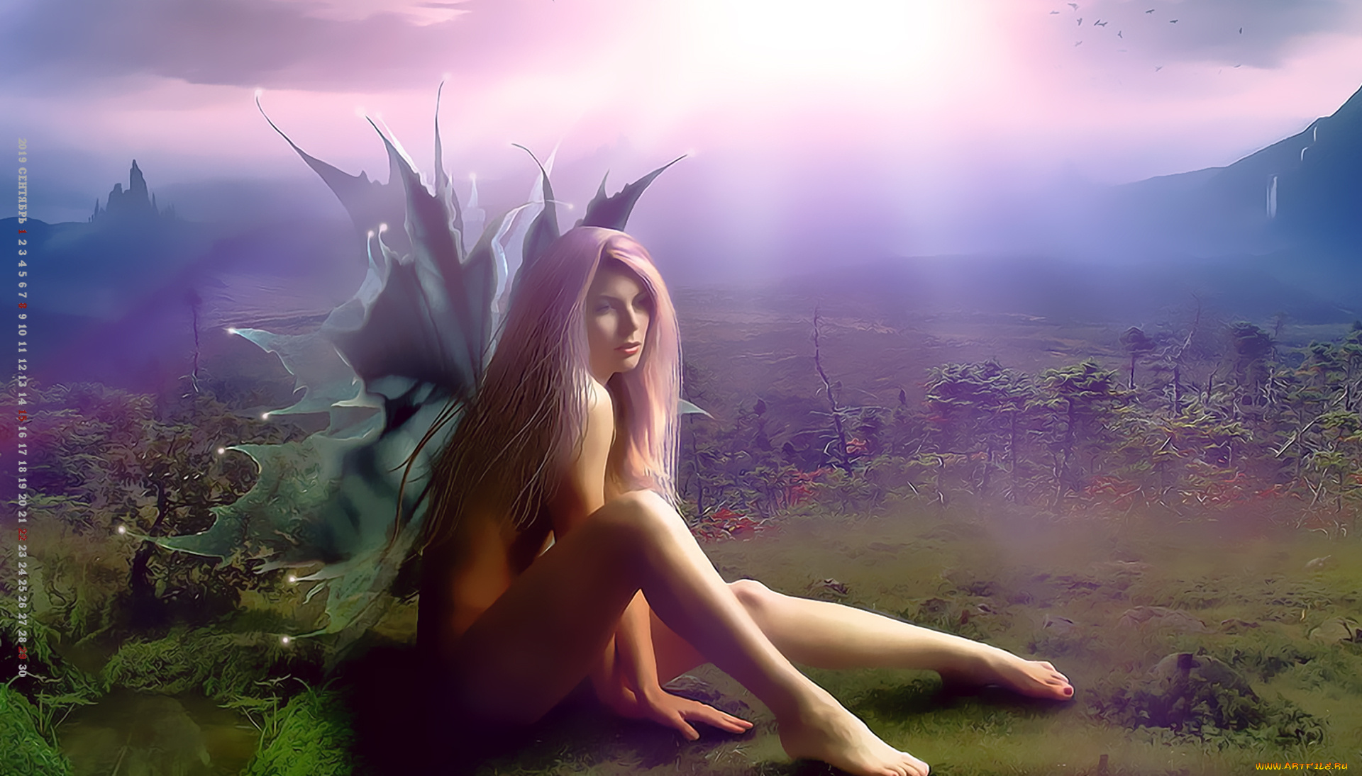 календари, фэнтези, крылья, девушка, природа, сидит, calendar, 2019