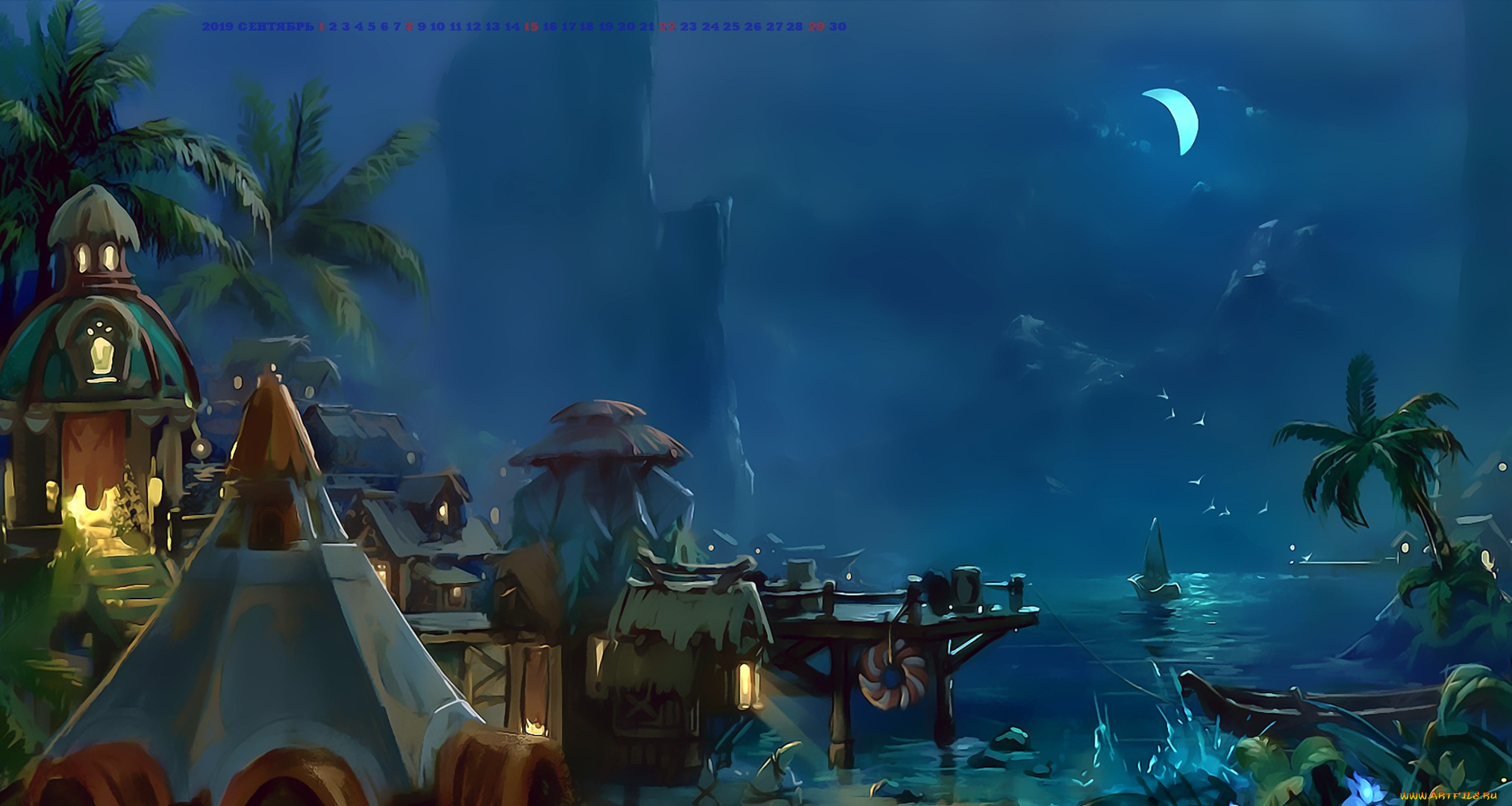 календари, фэнтези, водоем, 2019, растение, постройка, пальма, строение, луна, ночь, calendar