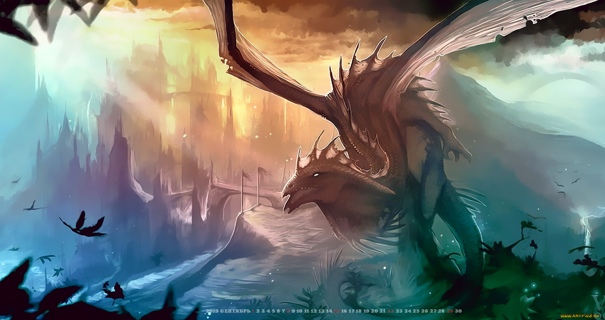календари, фэнтези, 2019, calendar, дракон, полет