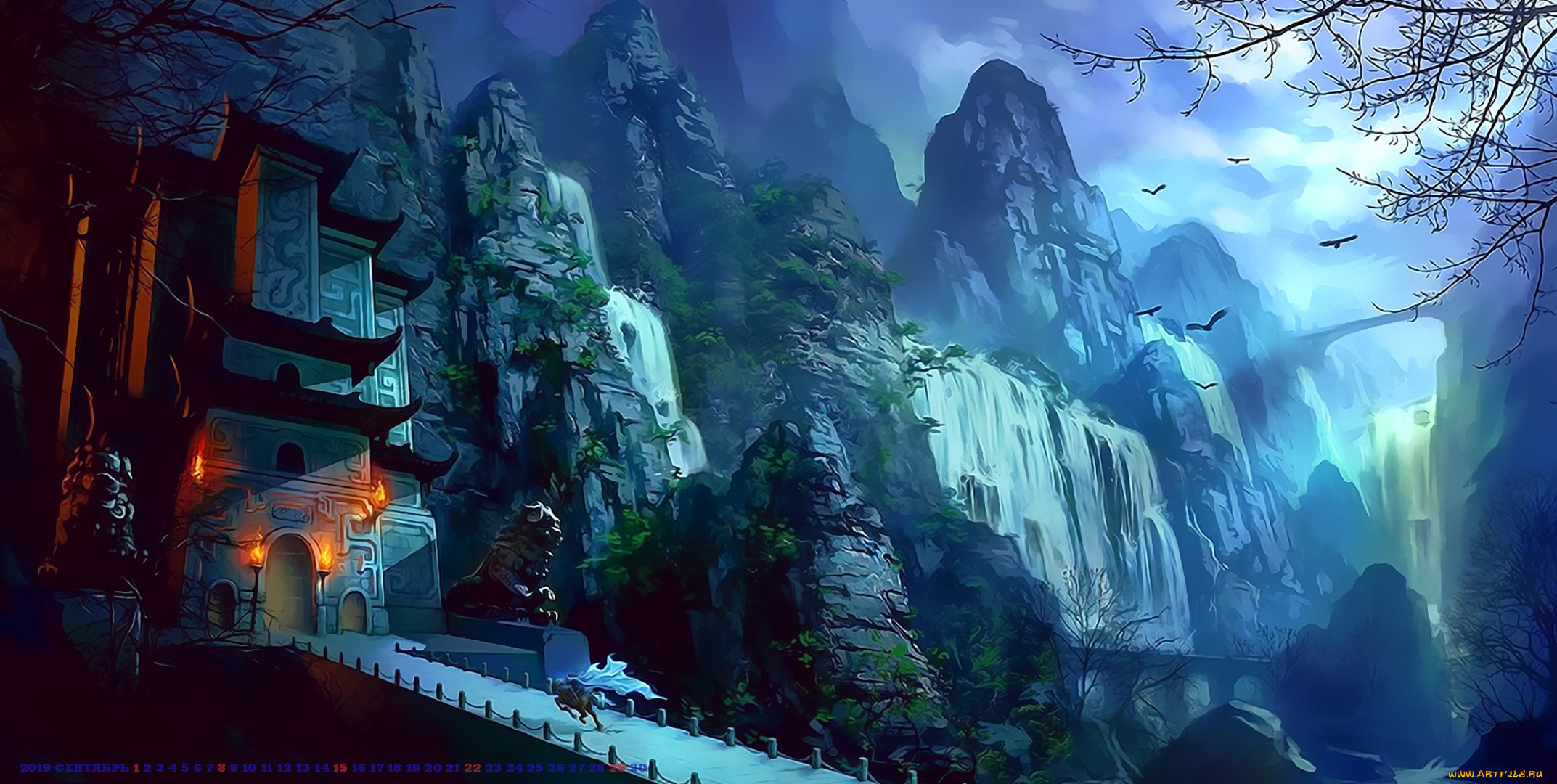 календари, фэнтези, конь, всадник, водопад, лошадь, мост, дворец, calendar, 2019, гора