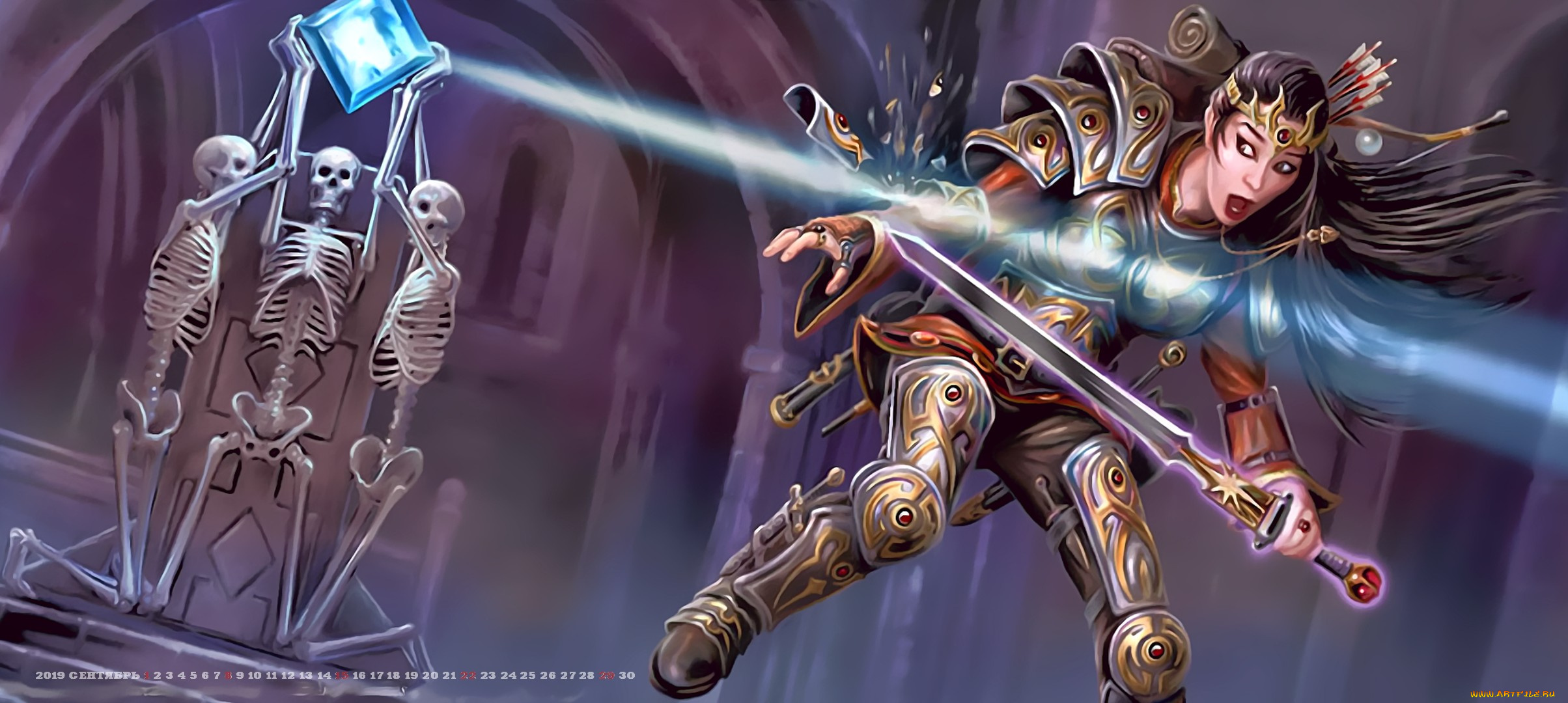 календари, фэнтези, девушка, оружие, calendar, 2019, камень, скелет