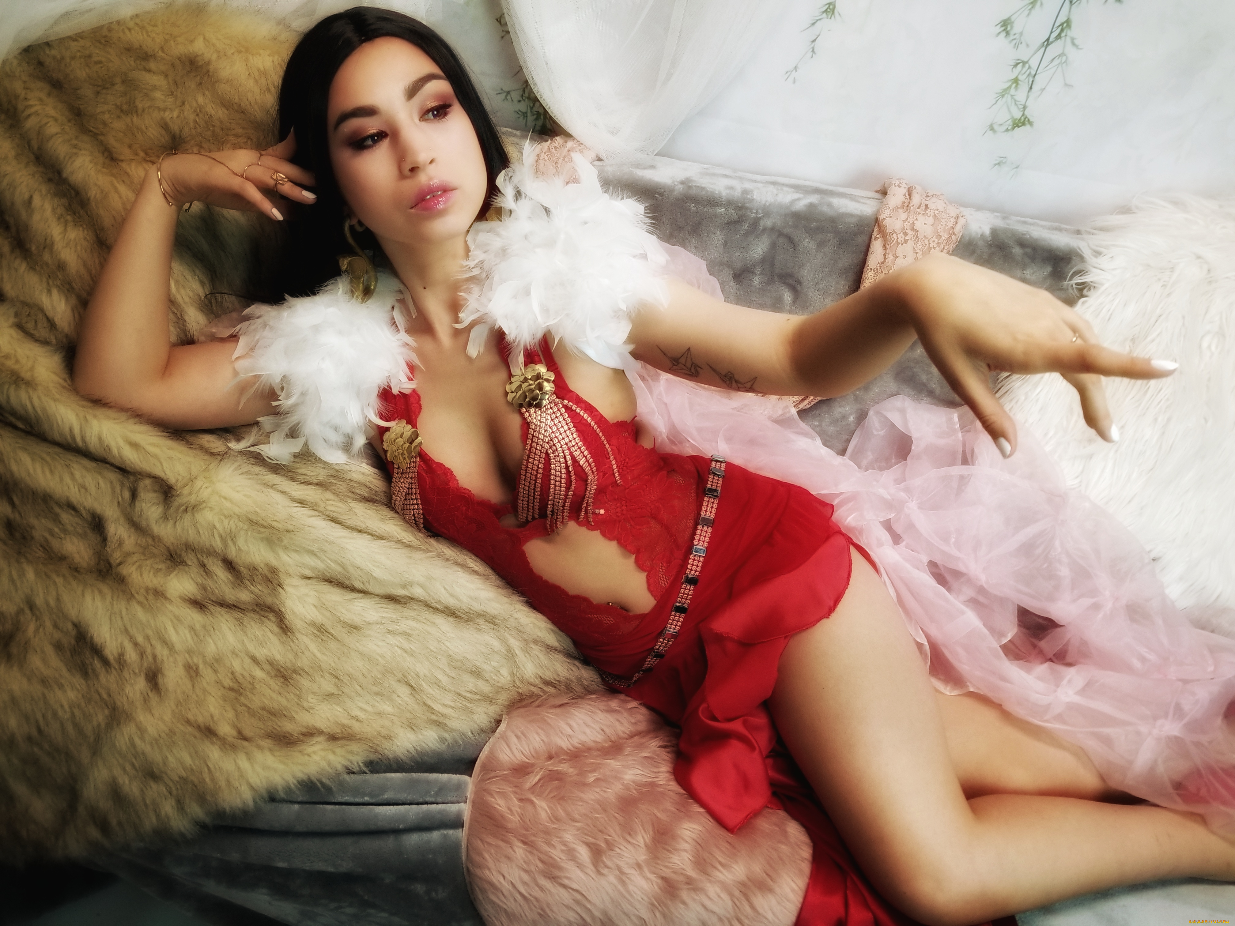 девушки, -unsort, , азиатки, тату, платье, девушка, фон