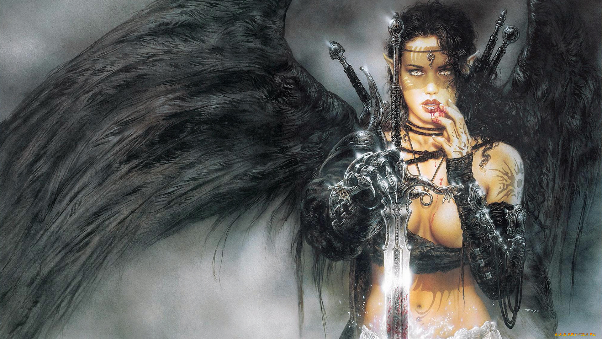 фэнтези, _luis, royo, девушка, ангел, оружие, тату