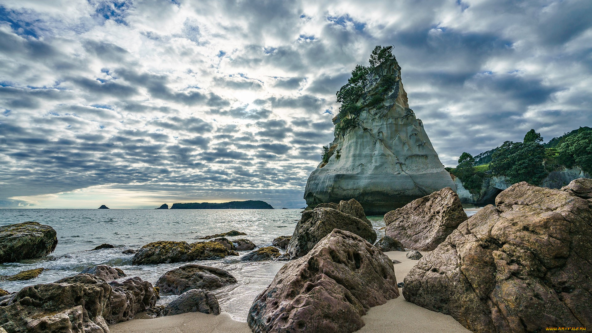 природа, побережье, скалы, песок, облака, небо, горизонт, море, песчаник, новая, зеландия