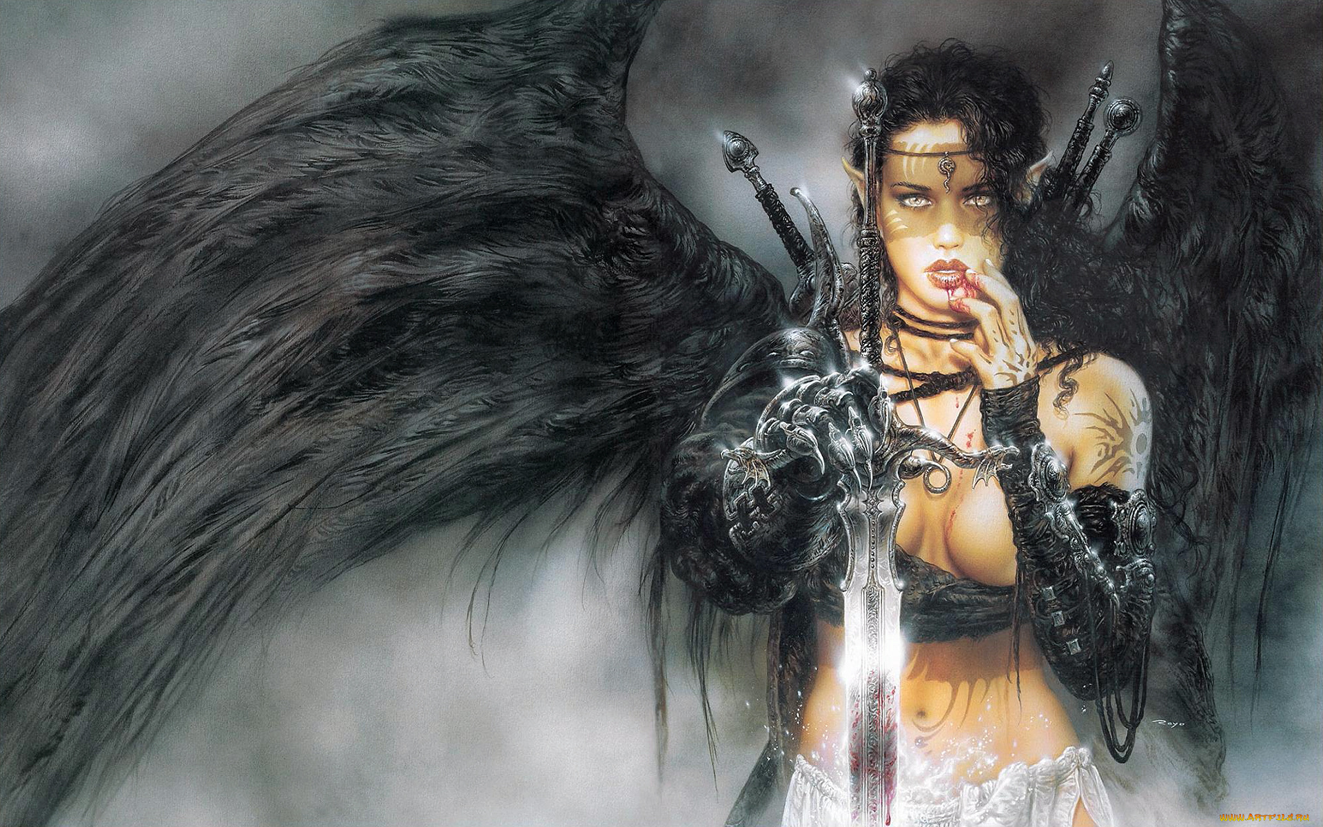 фэнтези, _luis, royo, девушка, ангел, оружие, тату