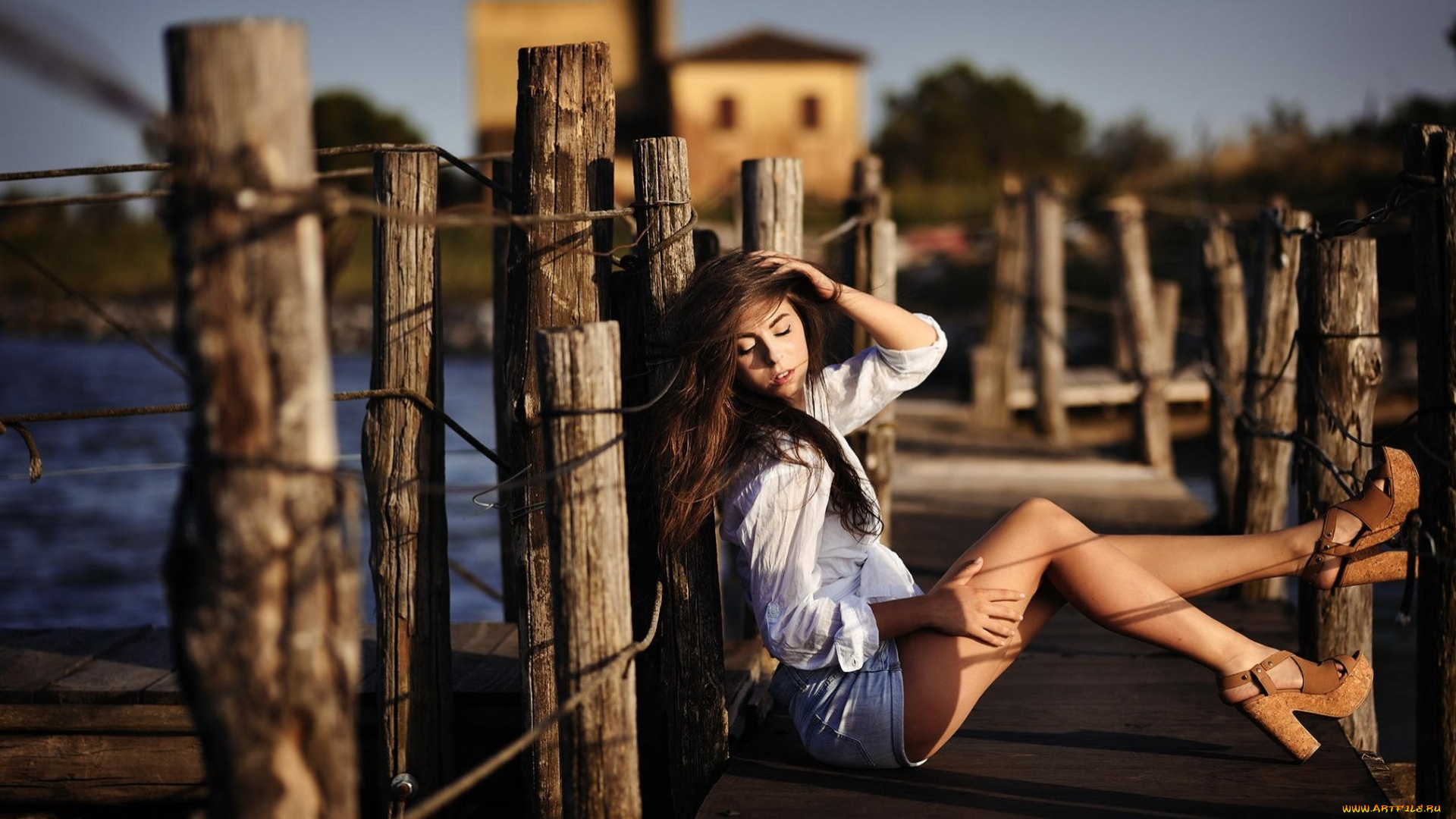 девушки, -, брюнетки, , шатенки, шатенка, рубашка, шорты, каблуки, мост