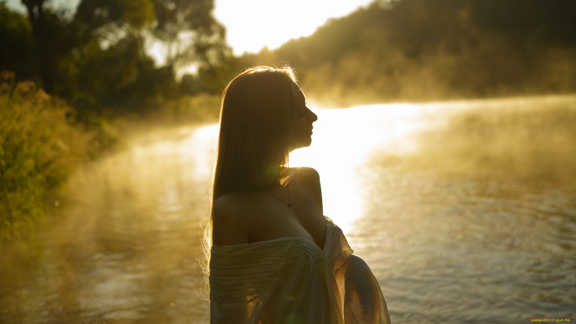 девушки, -, брюнетки, , шатенки, шатенка, блузка, озеро, рассвет