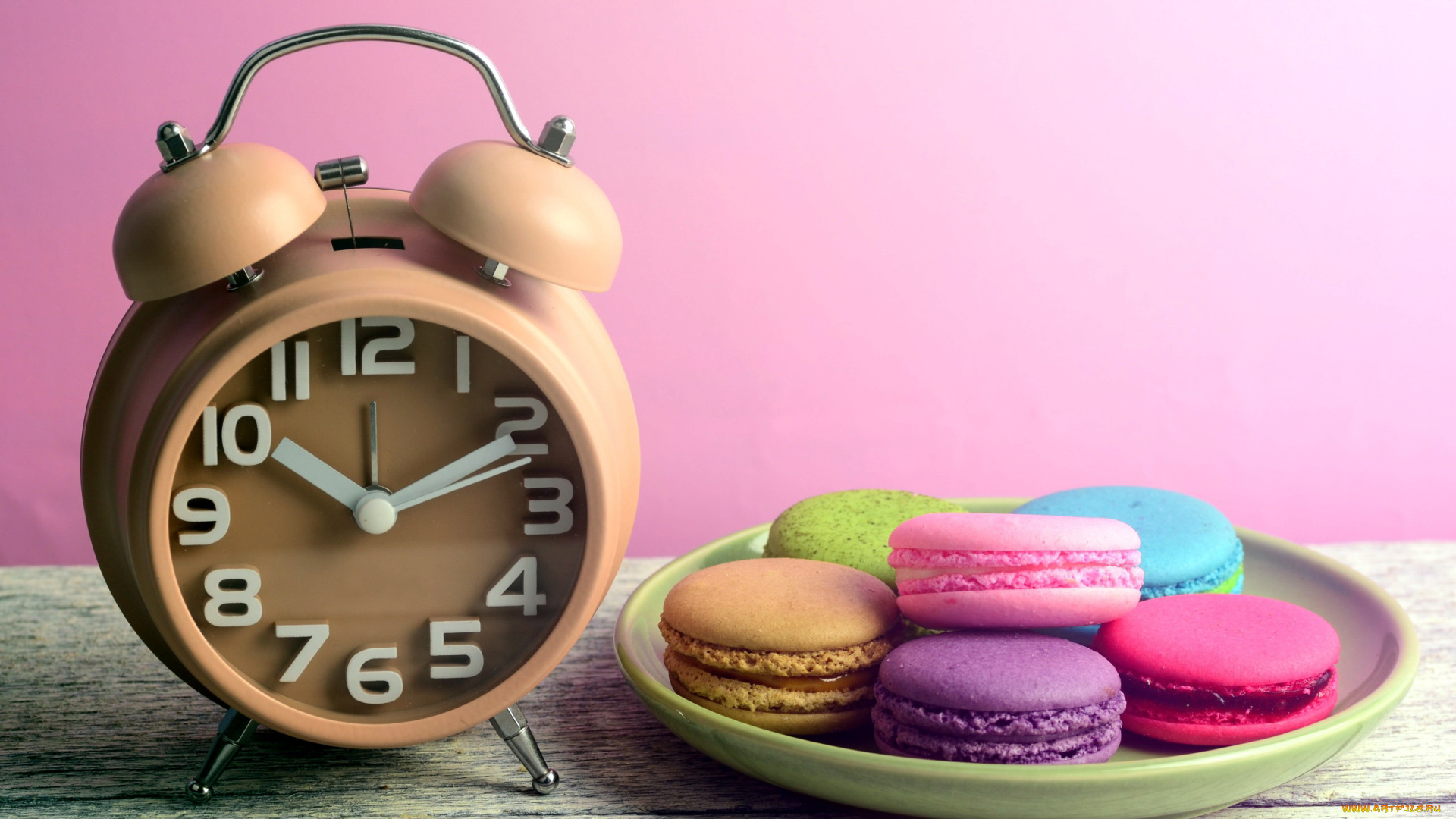еда, макаруны, лакомство, печенье, ассорти, будильник