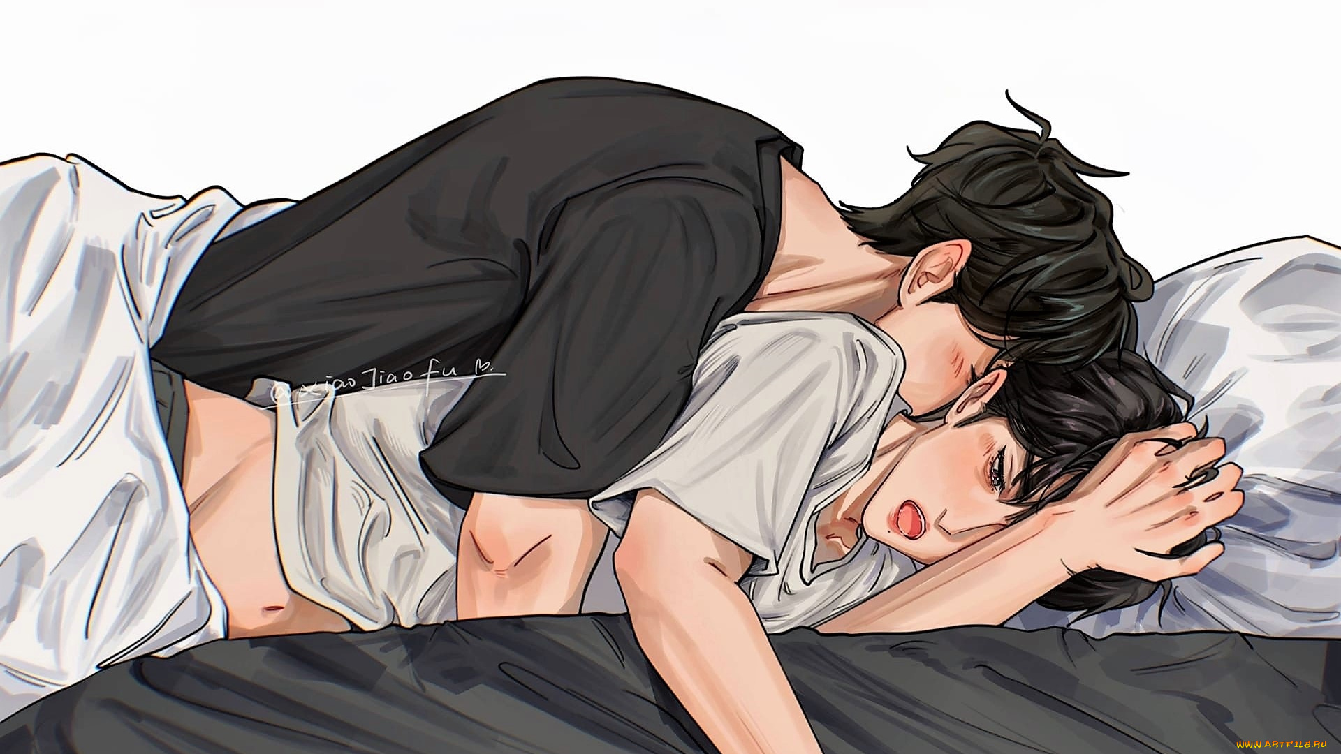 рисованное, люди, парни, постель