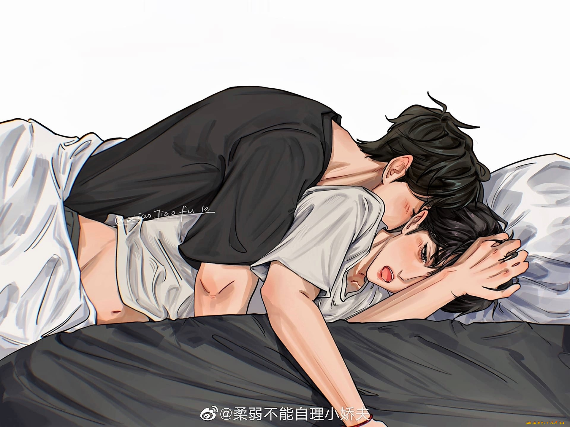 рисованное, люди, парни, постель