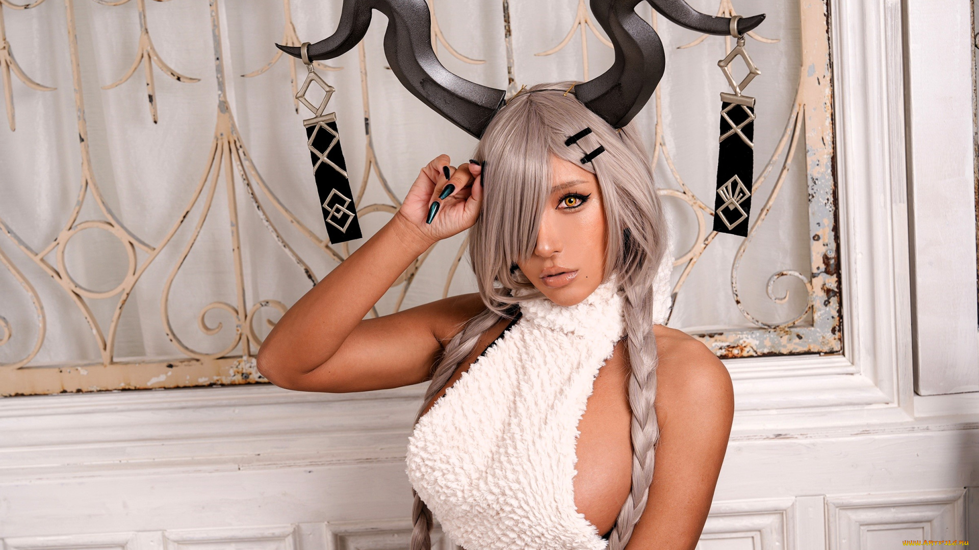 девушки, nonsummerjack, образ, костюм, косплей, рога, диван