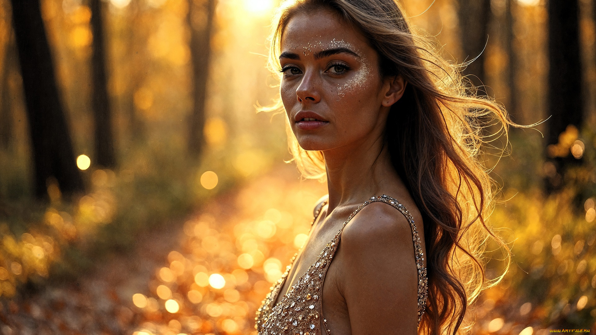 3д, графика, люди, , people, осень, деревья, лес, листья, девушка, платье