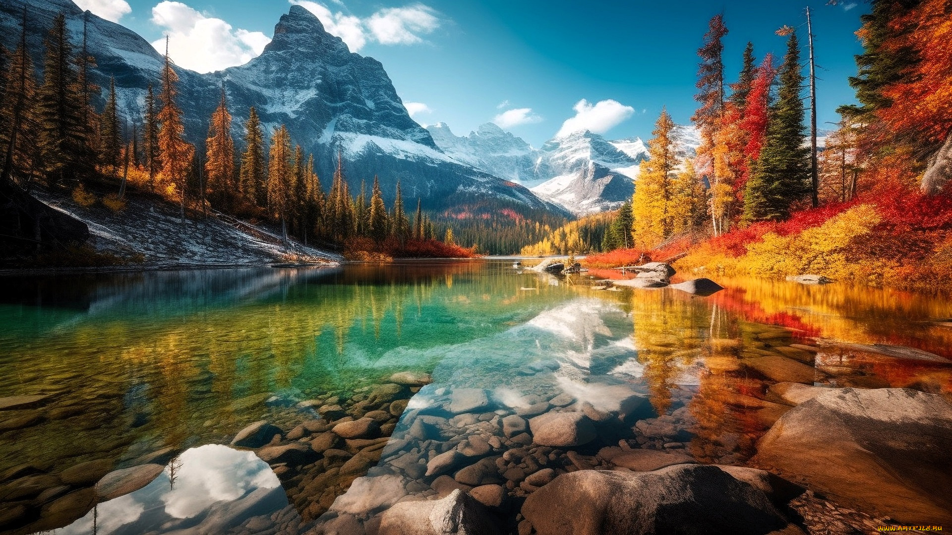 3д, графика, природа, , nature, горы, озеро, лес, осень, камни