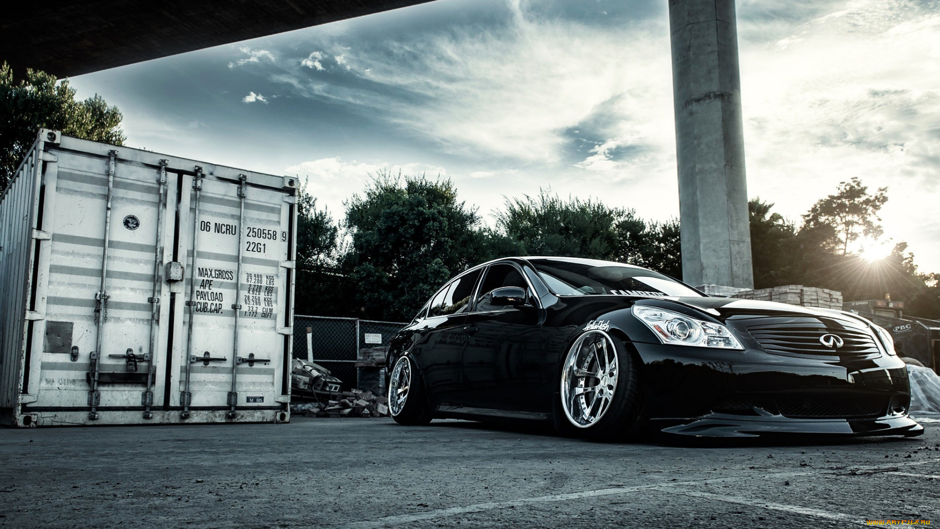 infiniti, g, автомобили, infiniti, черный, мост, контейнер