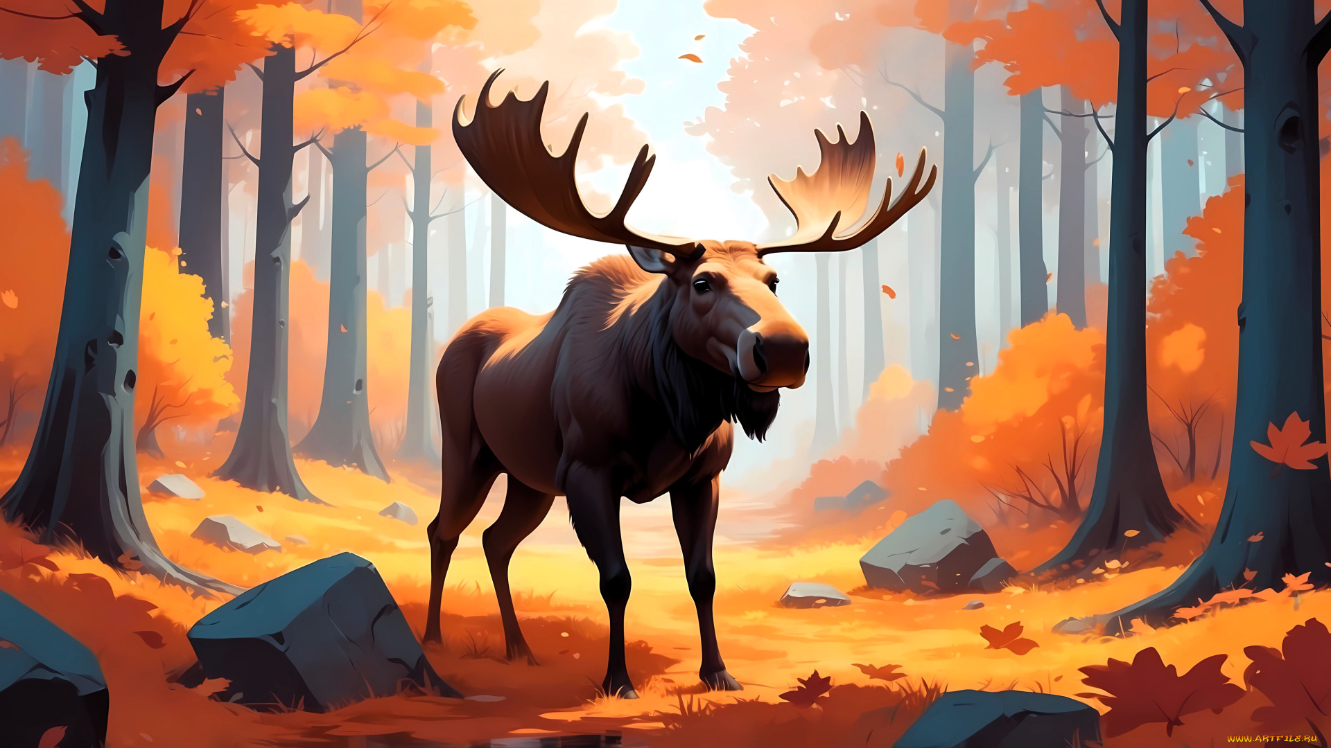 рисованное, животные, , лоси, лось, лес, осень, деревья, листья, камни