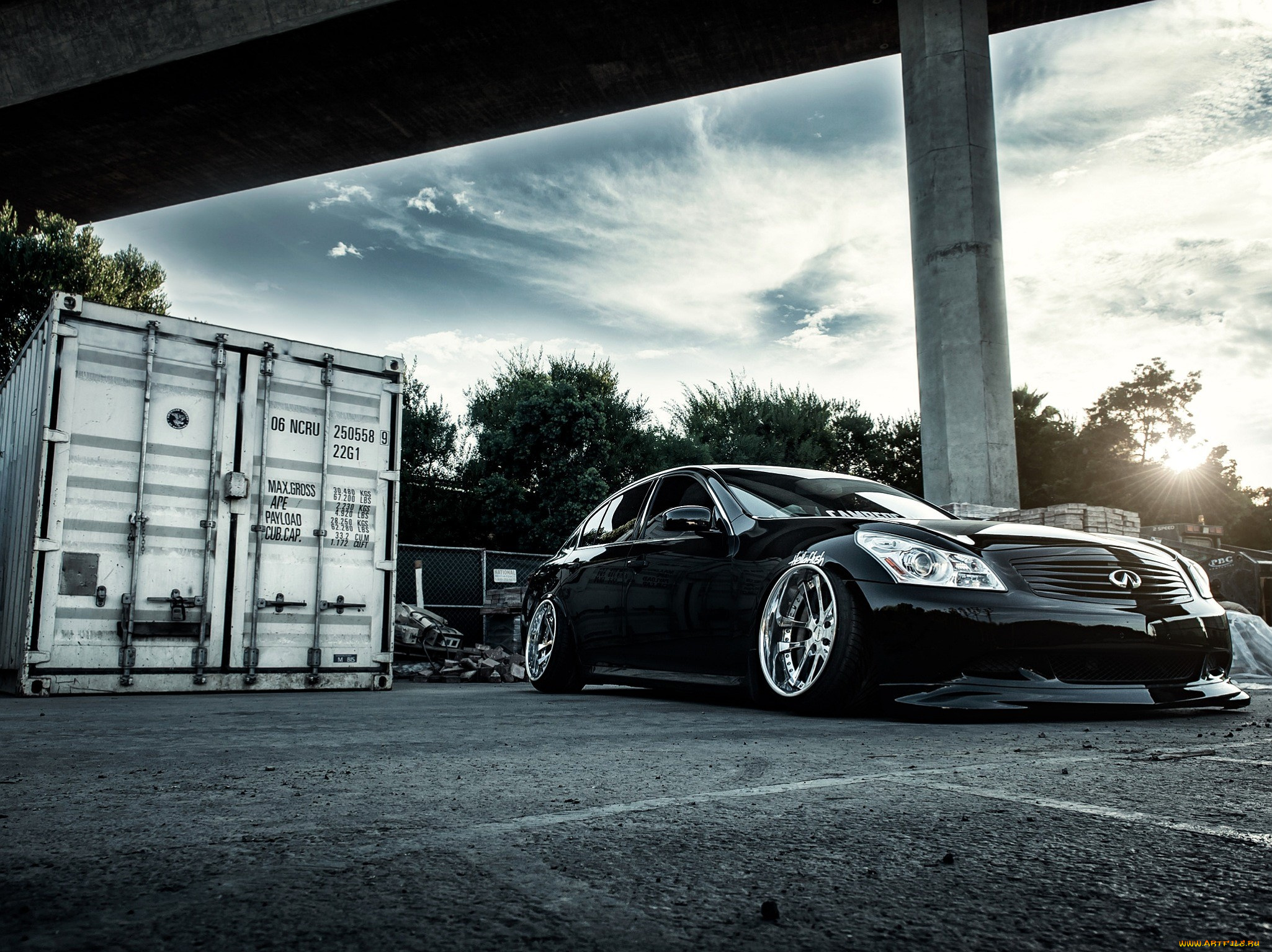 infiniti, g, автомобили, infiniti, черный, мост, контейнер